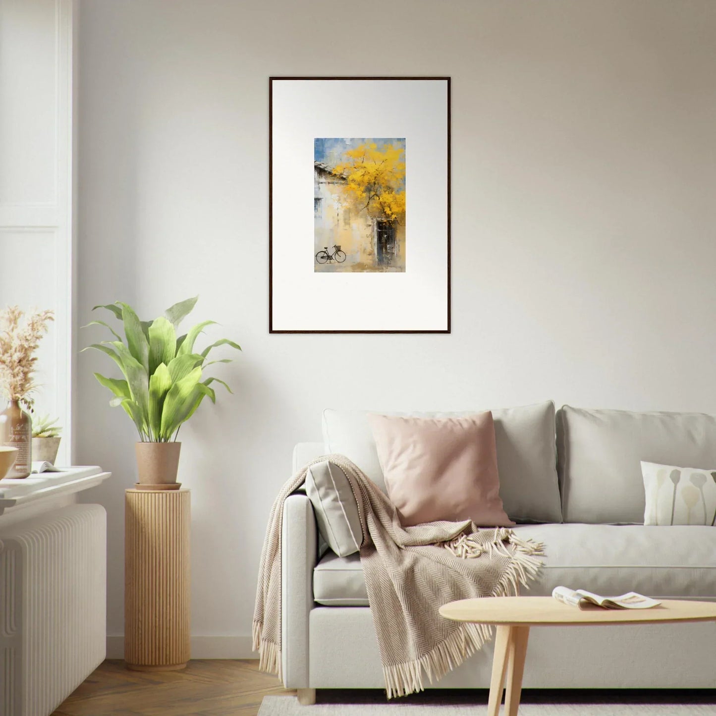 Abstract artwork in yellow and gray tones framed, part of Whispers Breezing Fernscapes