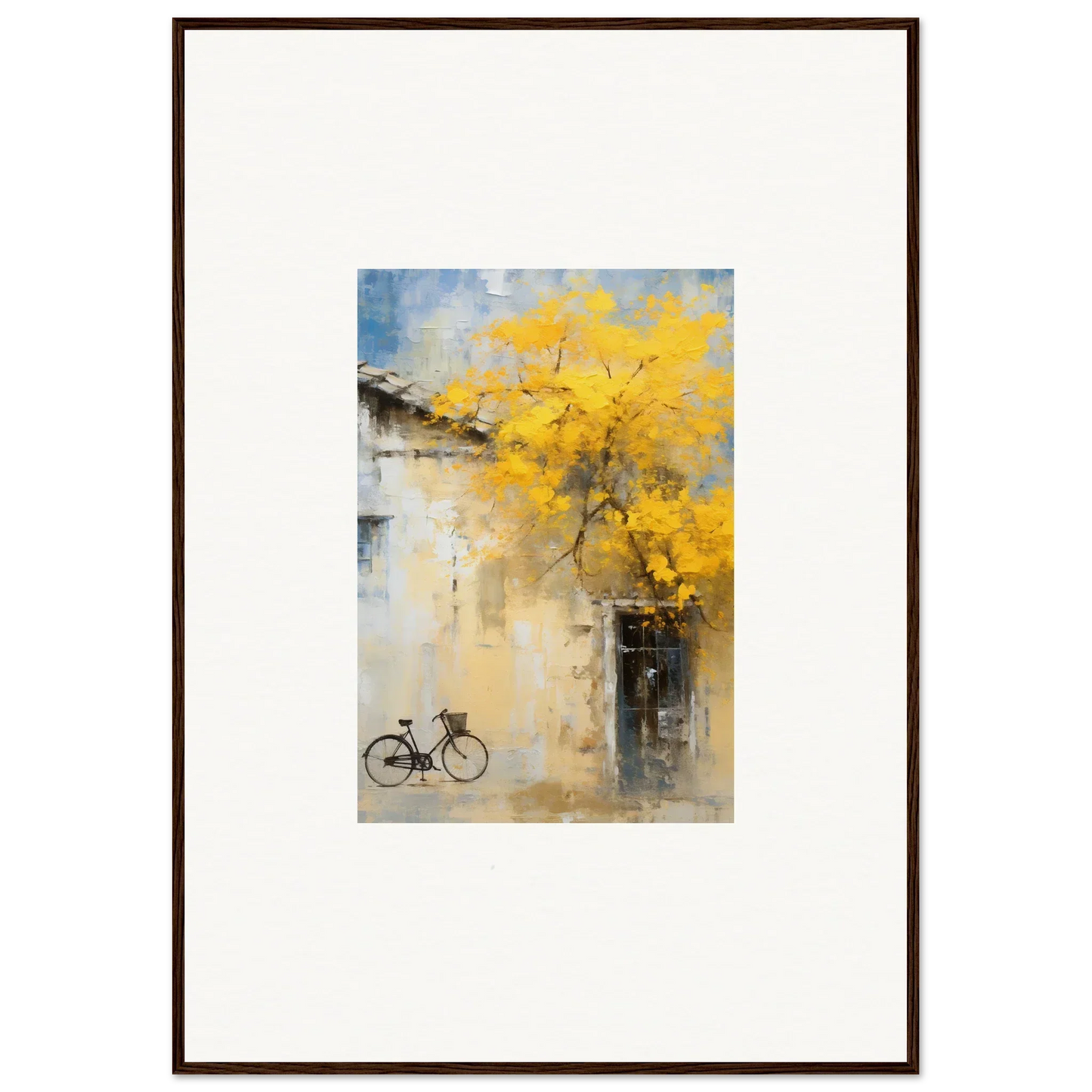 Framed watercolor of a bike under yellow leaves from Whispers Breezing Fernscapes