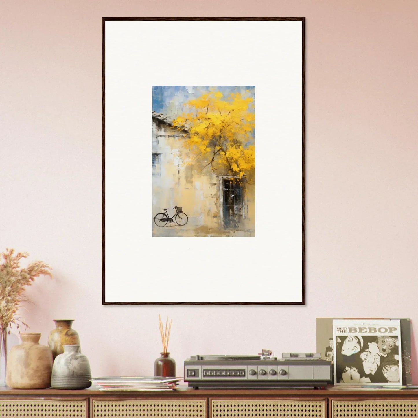 Framed watercolor of a bike with yellow flowers for Whispers Breezing Fernscapes