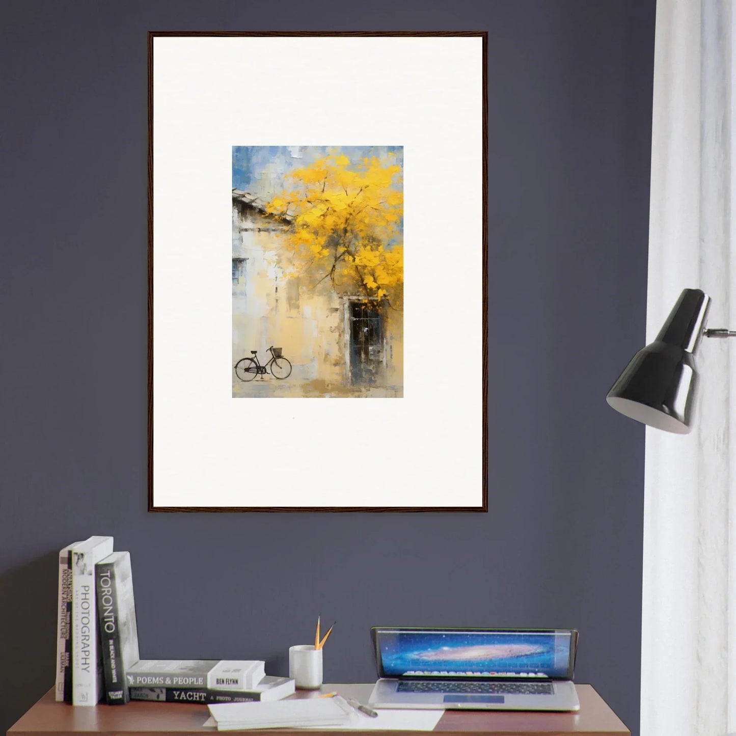 Framed watercolor art of a bike under yellow autumn leaves from Whispers Breezing Fernscapes