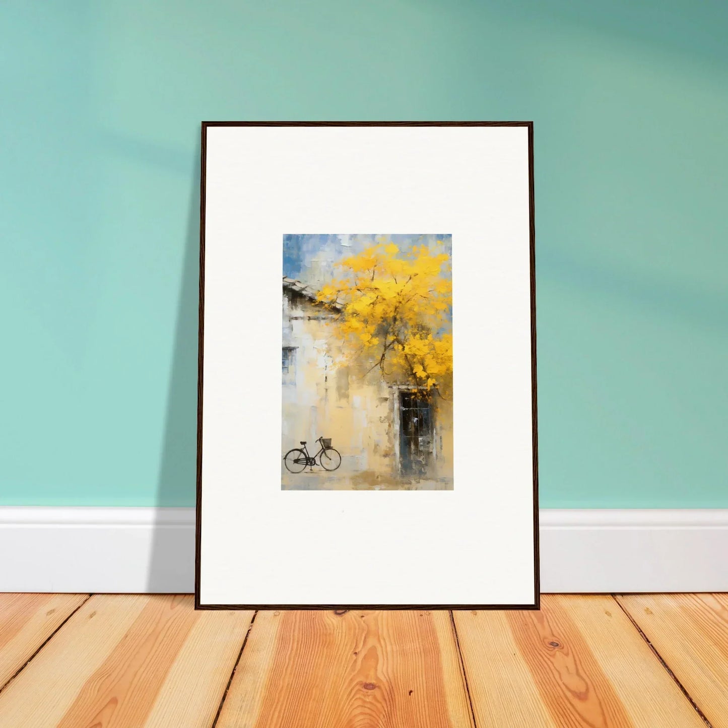 Framed watercolor art of a bike under yellow trees from Whispers Breezing Fernscapes