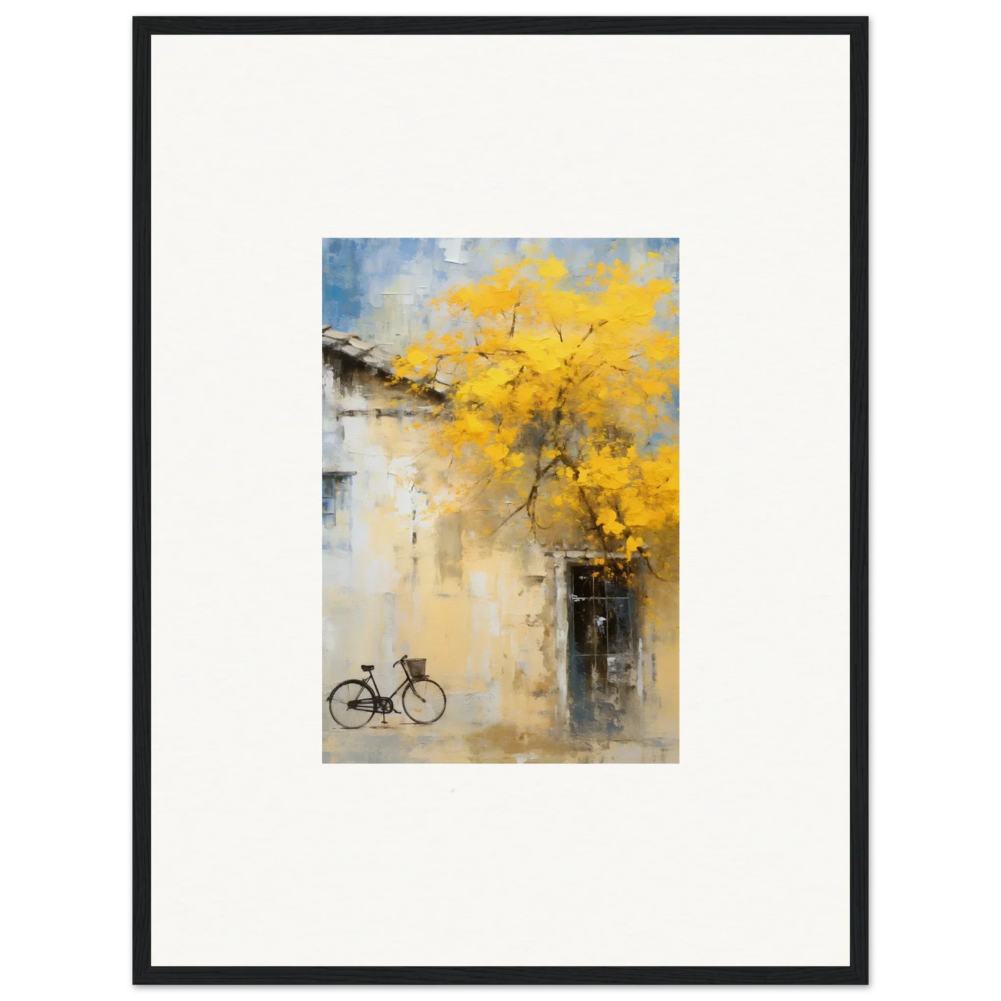 Framed watercolor of a bicycle under yellow leaves from Whispers Breezing Fernscapes