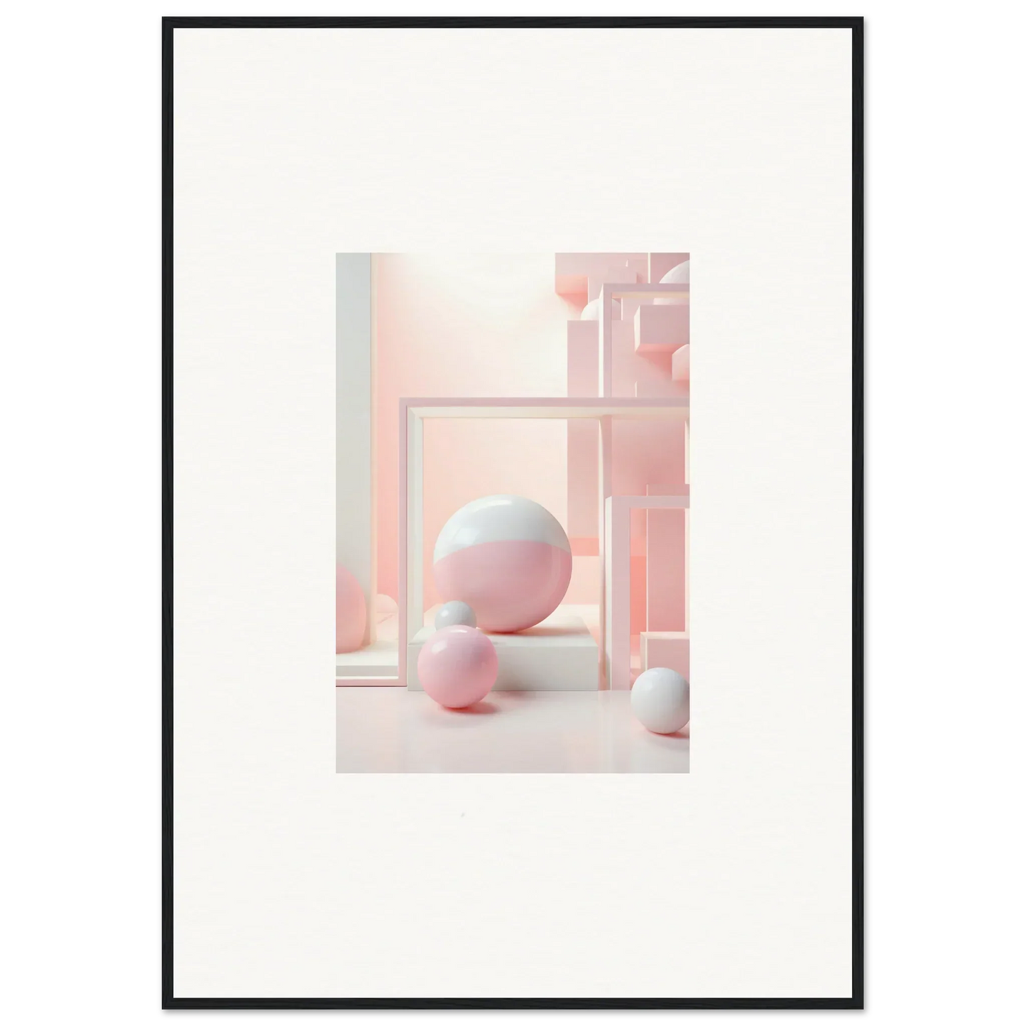 Framed abstract art with pastel spheres and shapes in Cubed Neo Aislamiento design