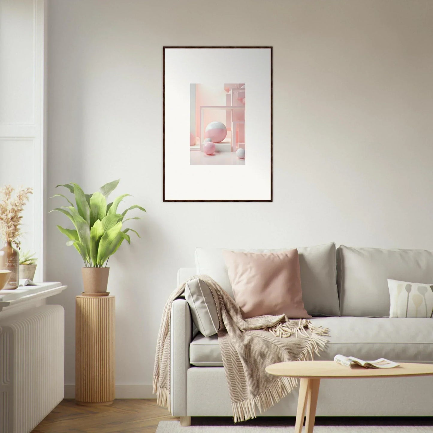 Framed artwork of pink architecture and sphere for Cubed Neo Aislamiento design