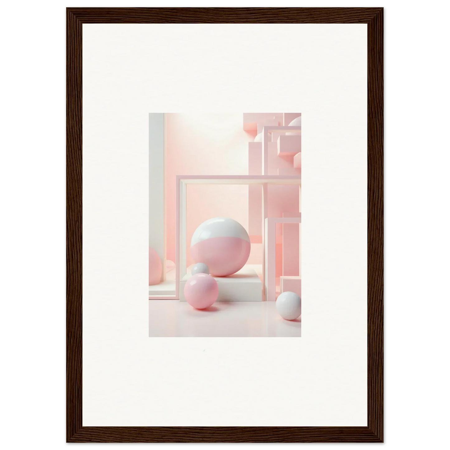 Framed artwork with pastel spheres and shapes from Cubed Neo Aislamiento collection