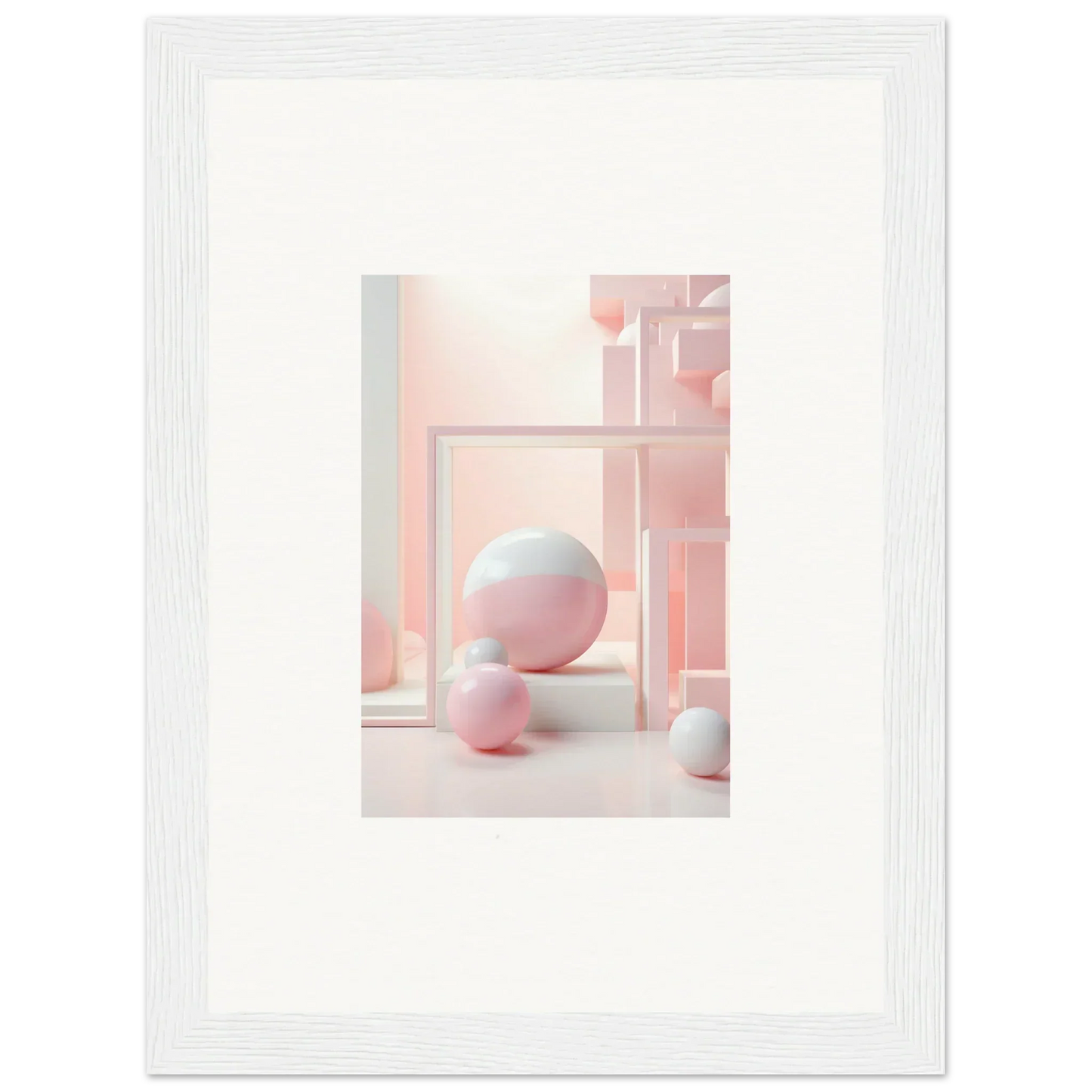 Framed artwork of pastel spheres and shapes for Cubed Neo Aislamiento design