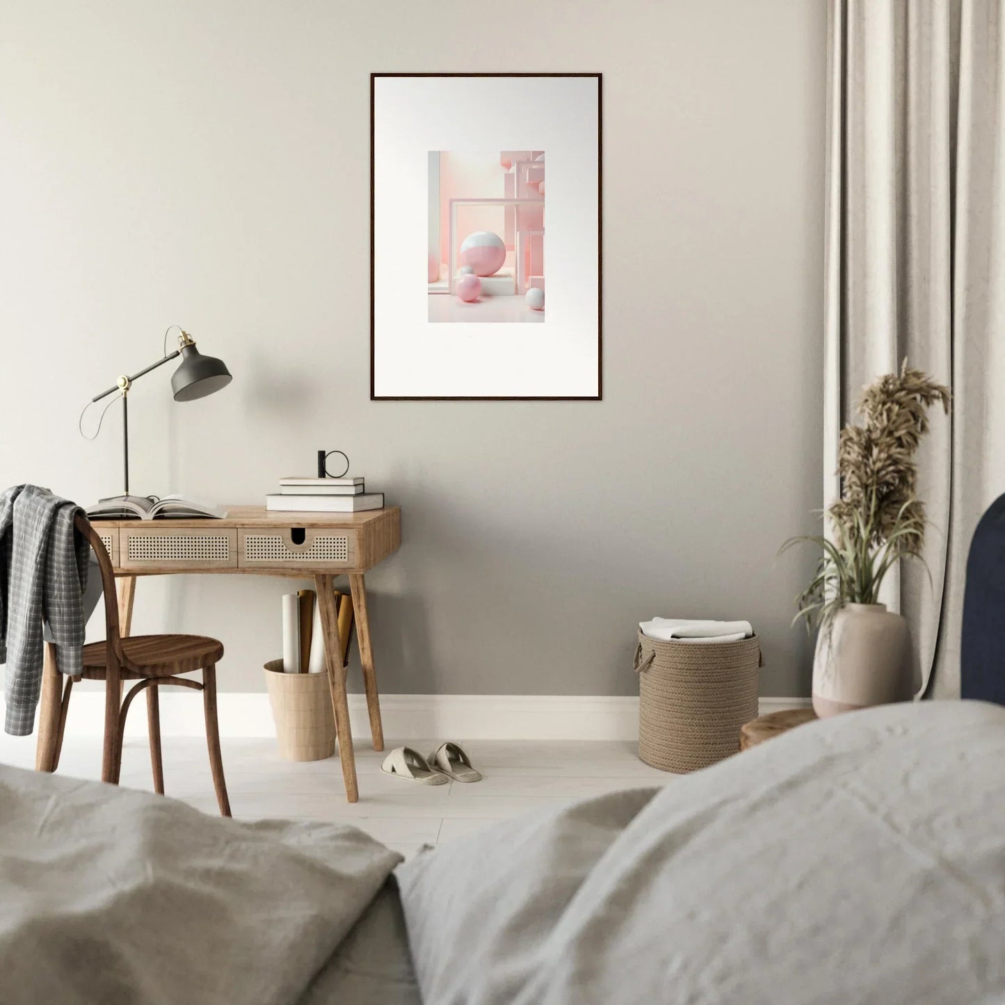 Cozy bedroom workspace with a wooden desk, Cubed Neo Aislamiento art on the wall