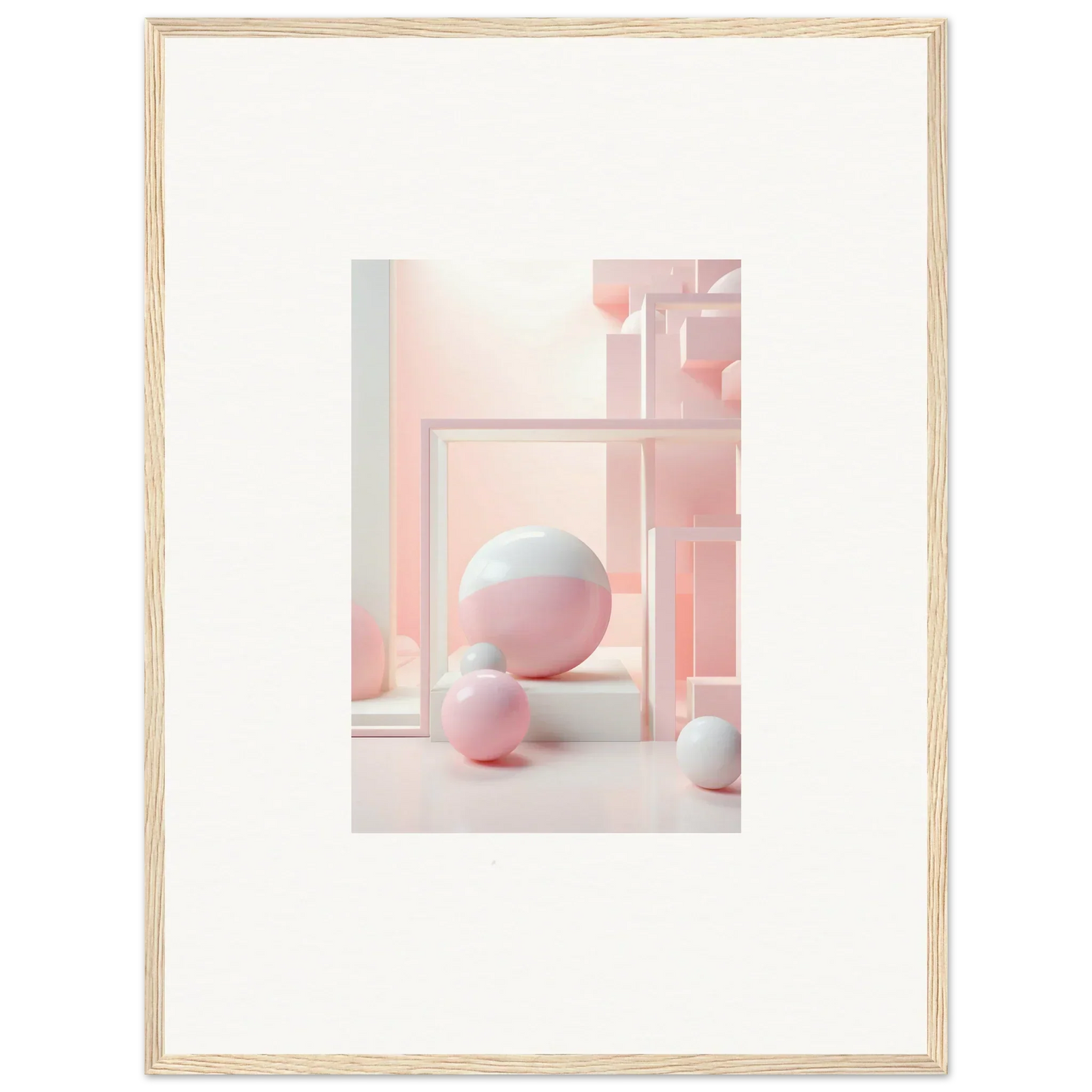 Framed artwork of pastel spheres and shapes for Cubed Neo Aislamiento decor