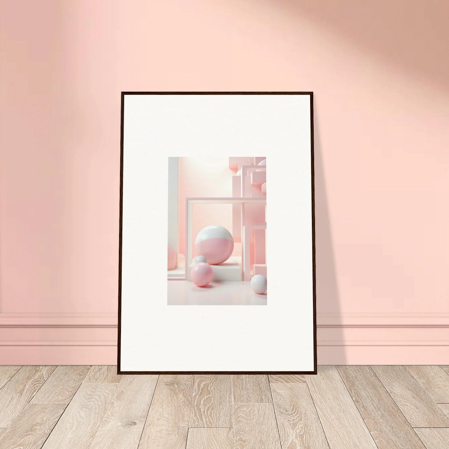 Framed artwork of pastel spheres and shapes for Cubed Neo Aislamiento decor