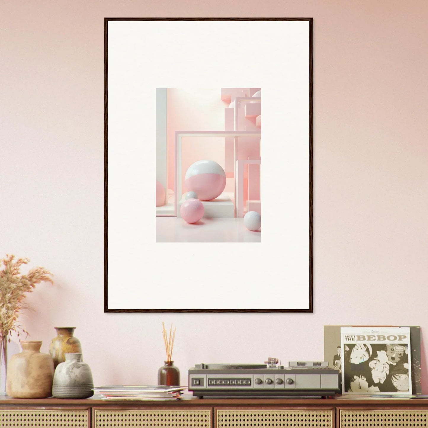 Framed abstract artwork with geometric shapes and pastel spheres from Cubed Neo Aislamiento