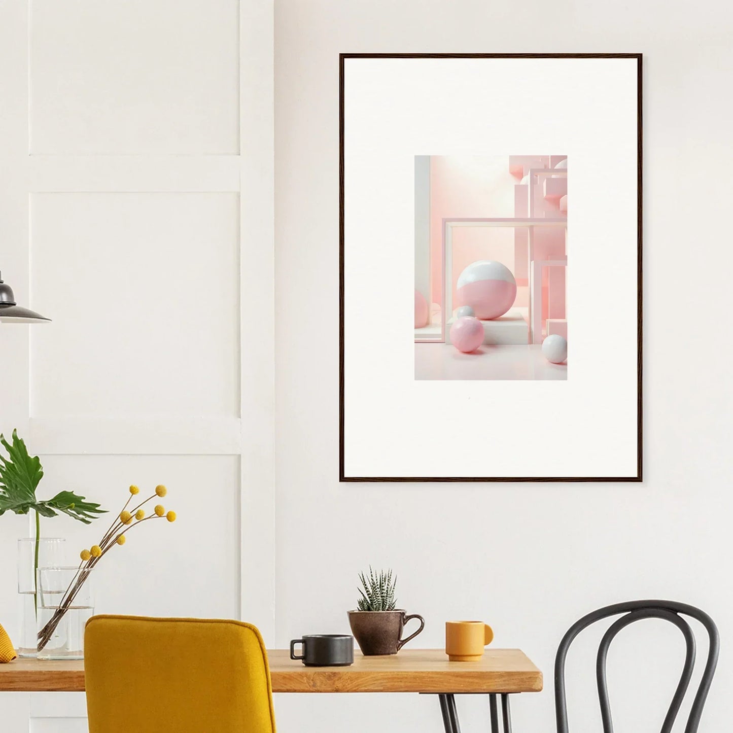 Framed abstract art with geometric shapes in pastel colors for Cubed Neo Aislamiento
