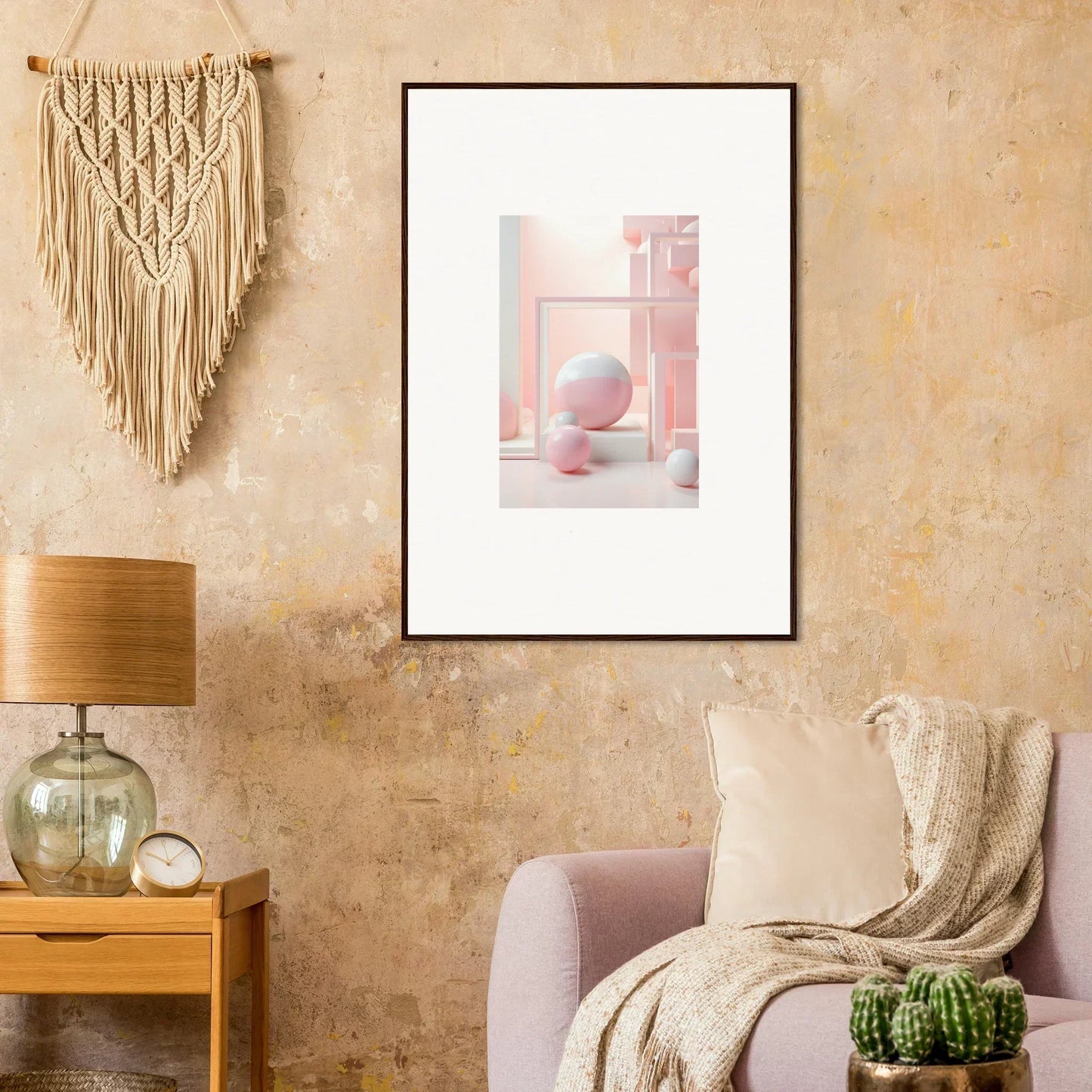 Framed pastel artwork of geometric shapes for Cubed Neo Aislamiento decor