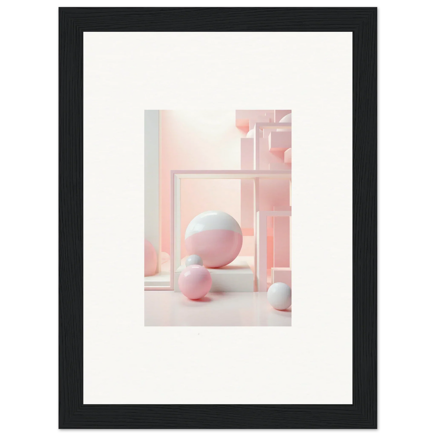 Framed artwork of pastel spheres and geometric shapes from Cubed Neo Aislamiento