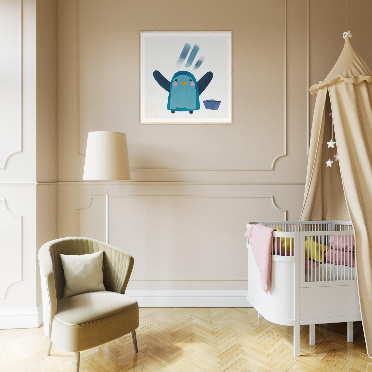 Nursery room featuring a white crib, beige armchair, and Winged Penguin Plunge artwork