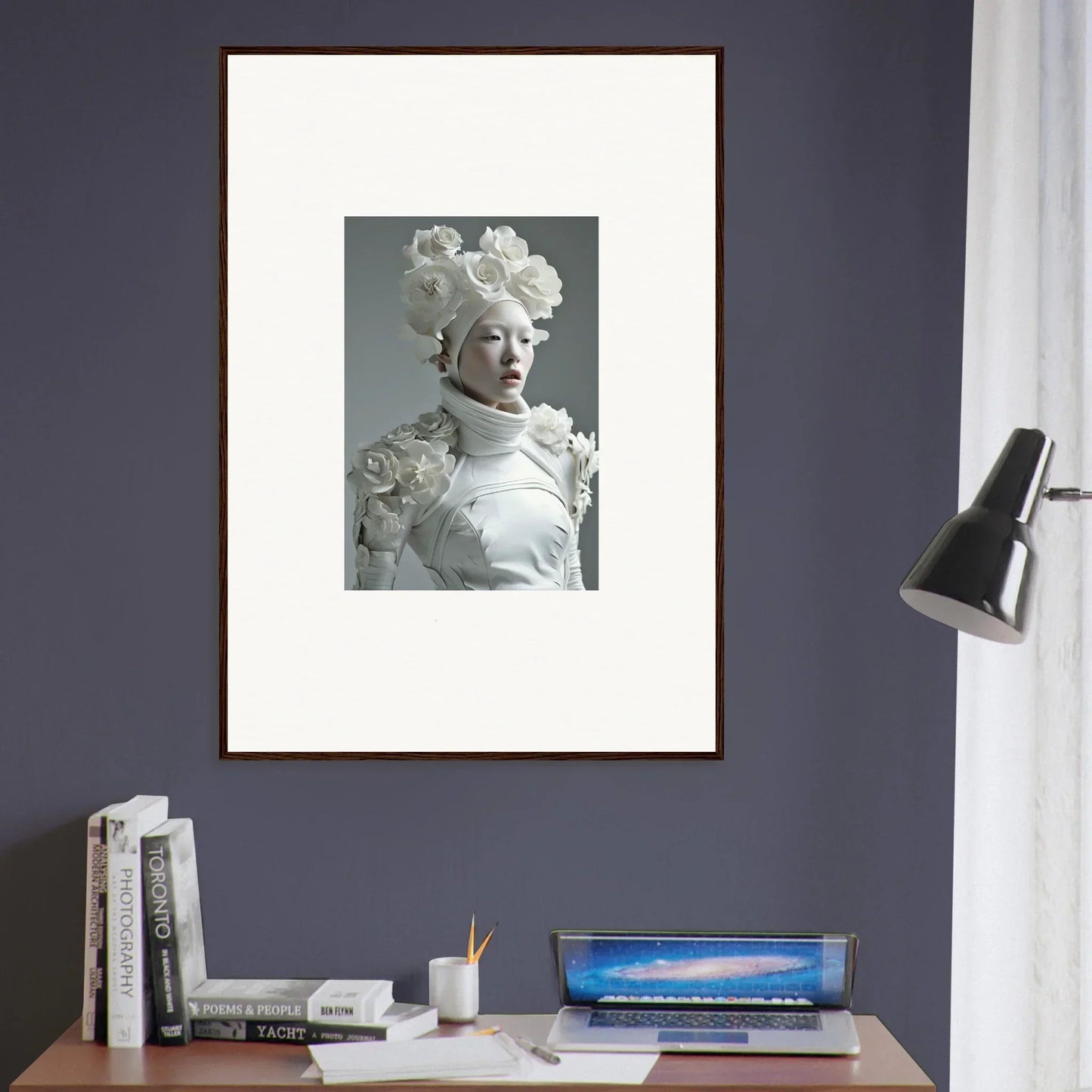 Framed wall art of a person with a stunning white hairstyle for chic room decoration