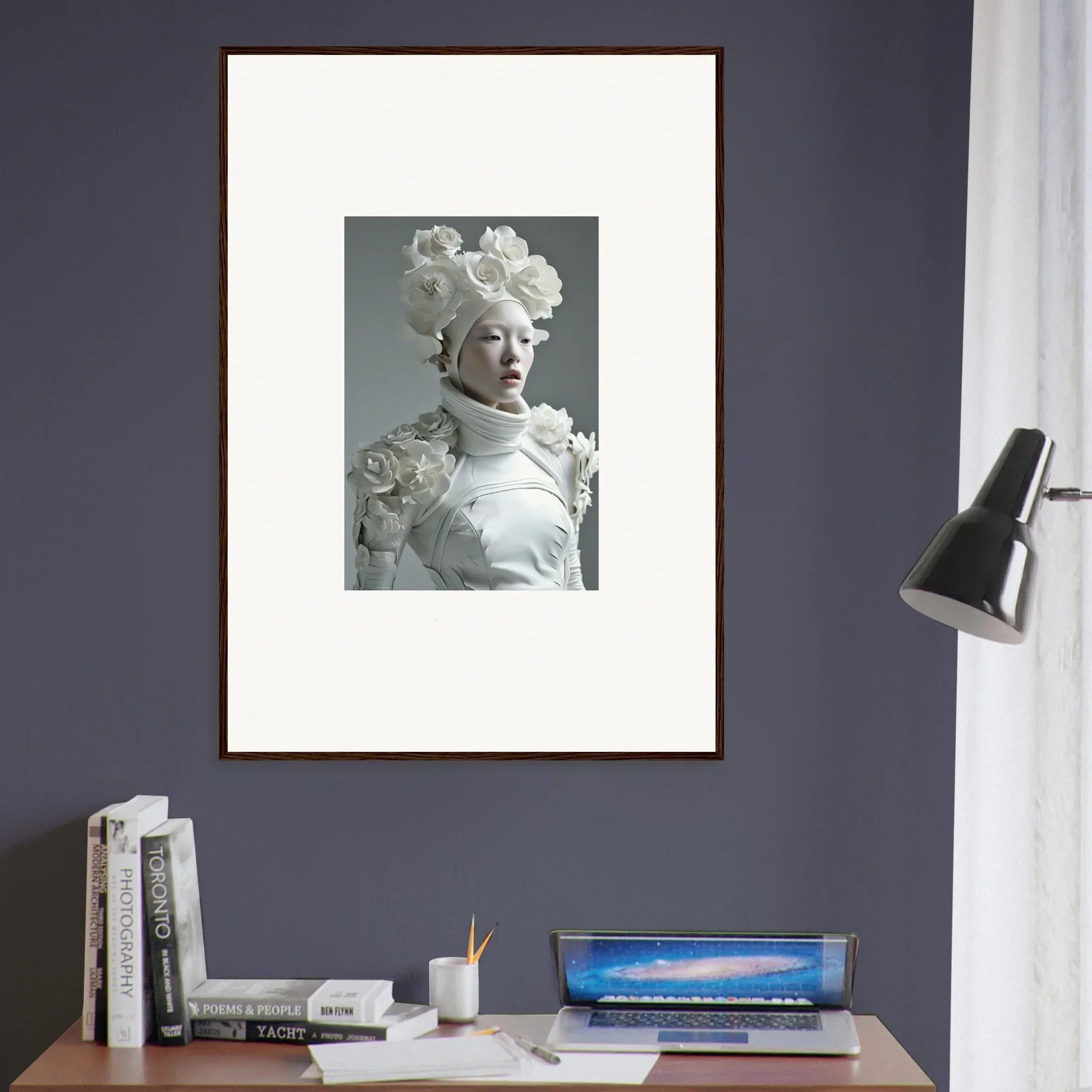 Framed wall art of a person with a stunning white hairstyle for chic room decoration