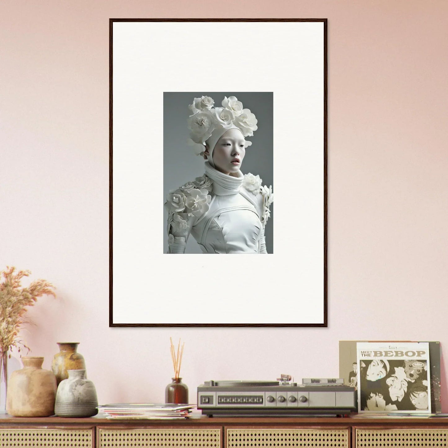 Framed wall art of a person with a unique hairstyle for stylish room decoration