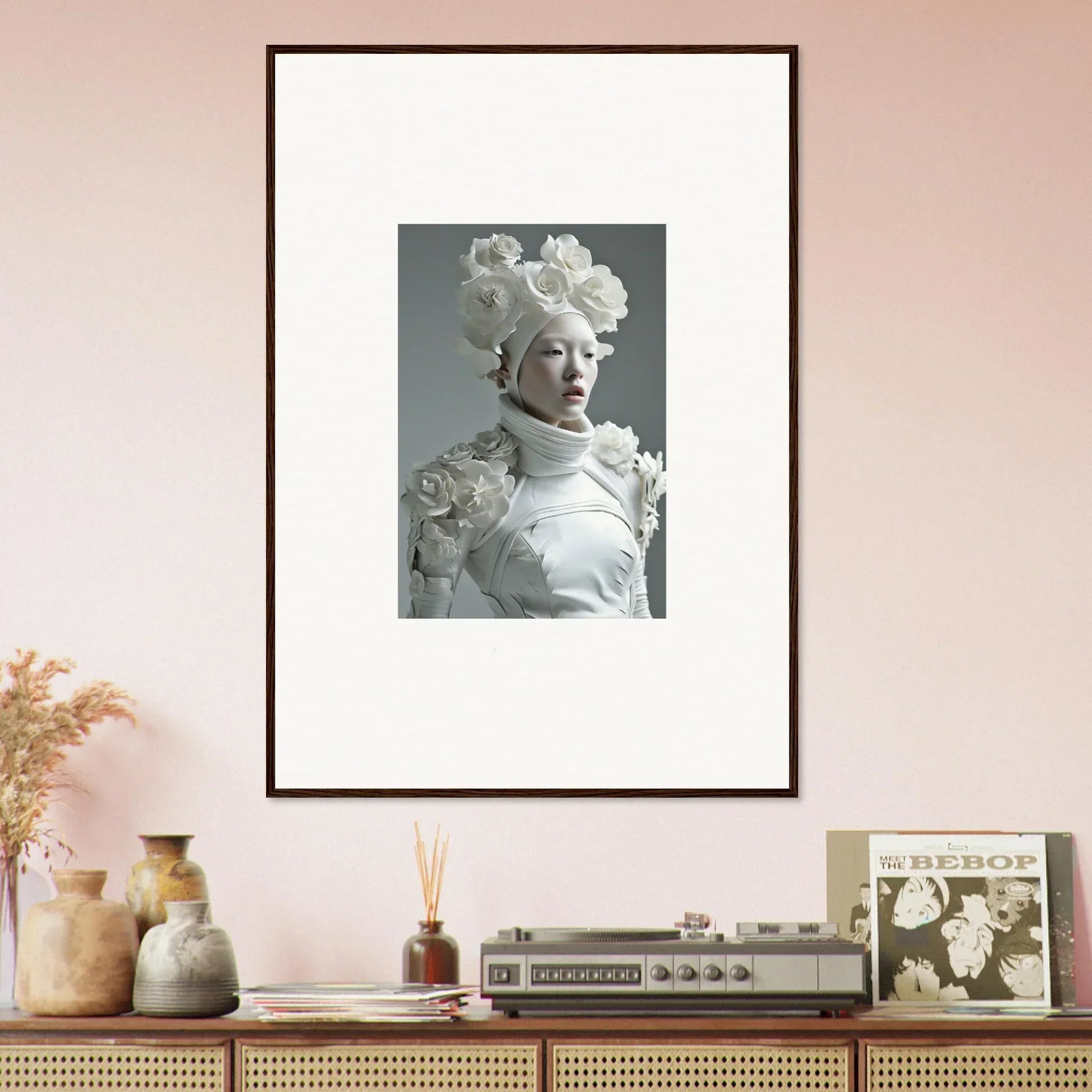 Framed wall art of a person with a unique hairstyle for stylish room decoration