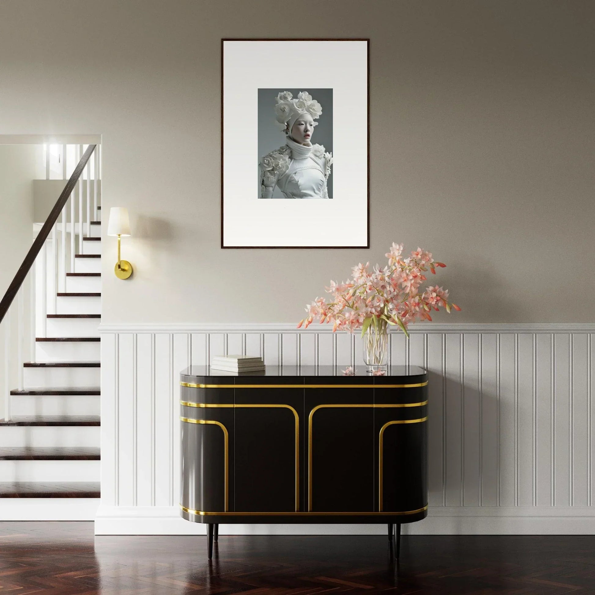 Elegant black and gold sideboard perfect for chic room decoration or stylish wall art