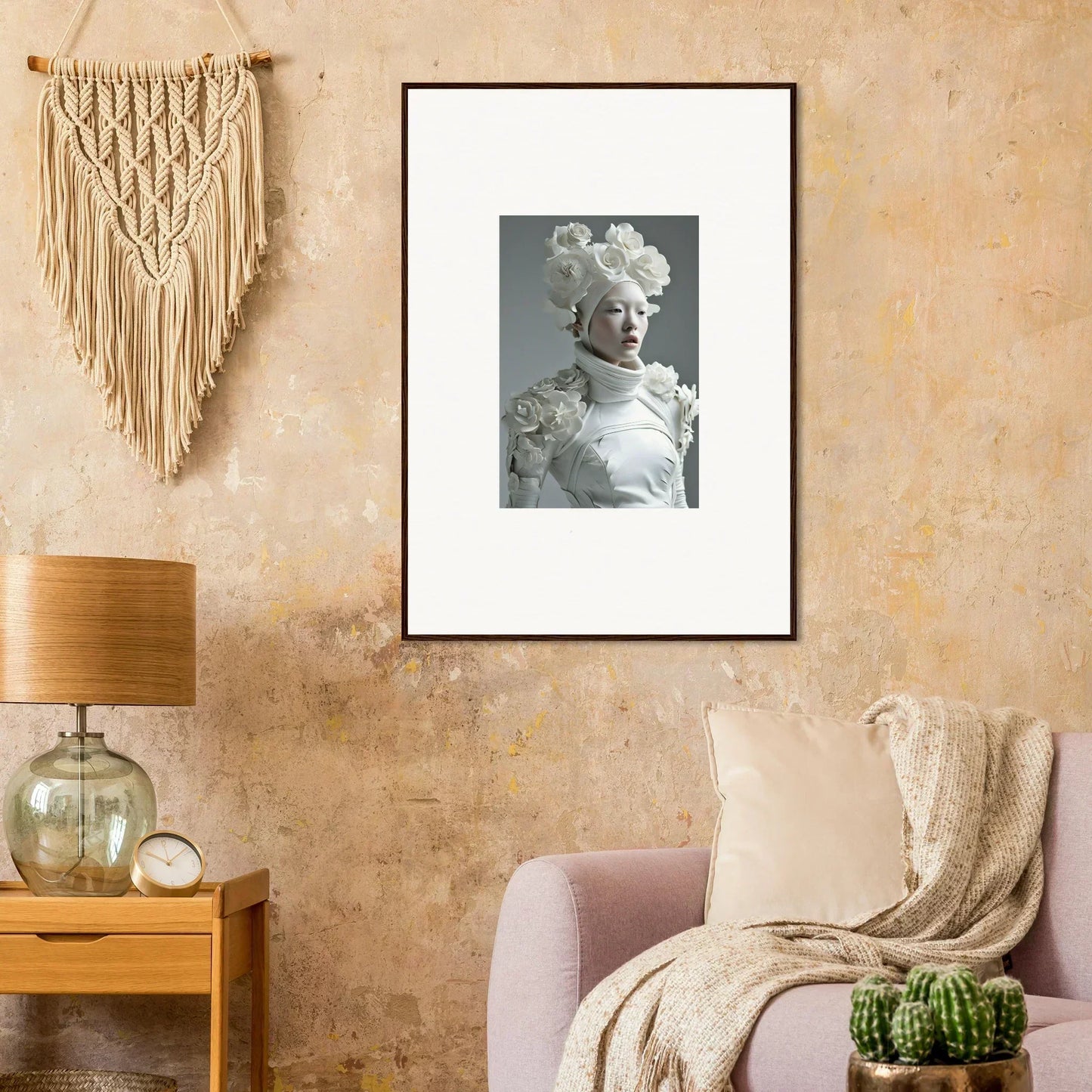 Framed black and white wall art of a stylish person, perfect for room decoration