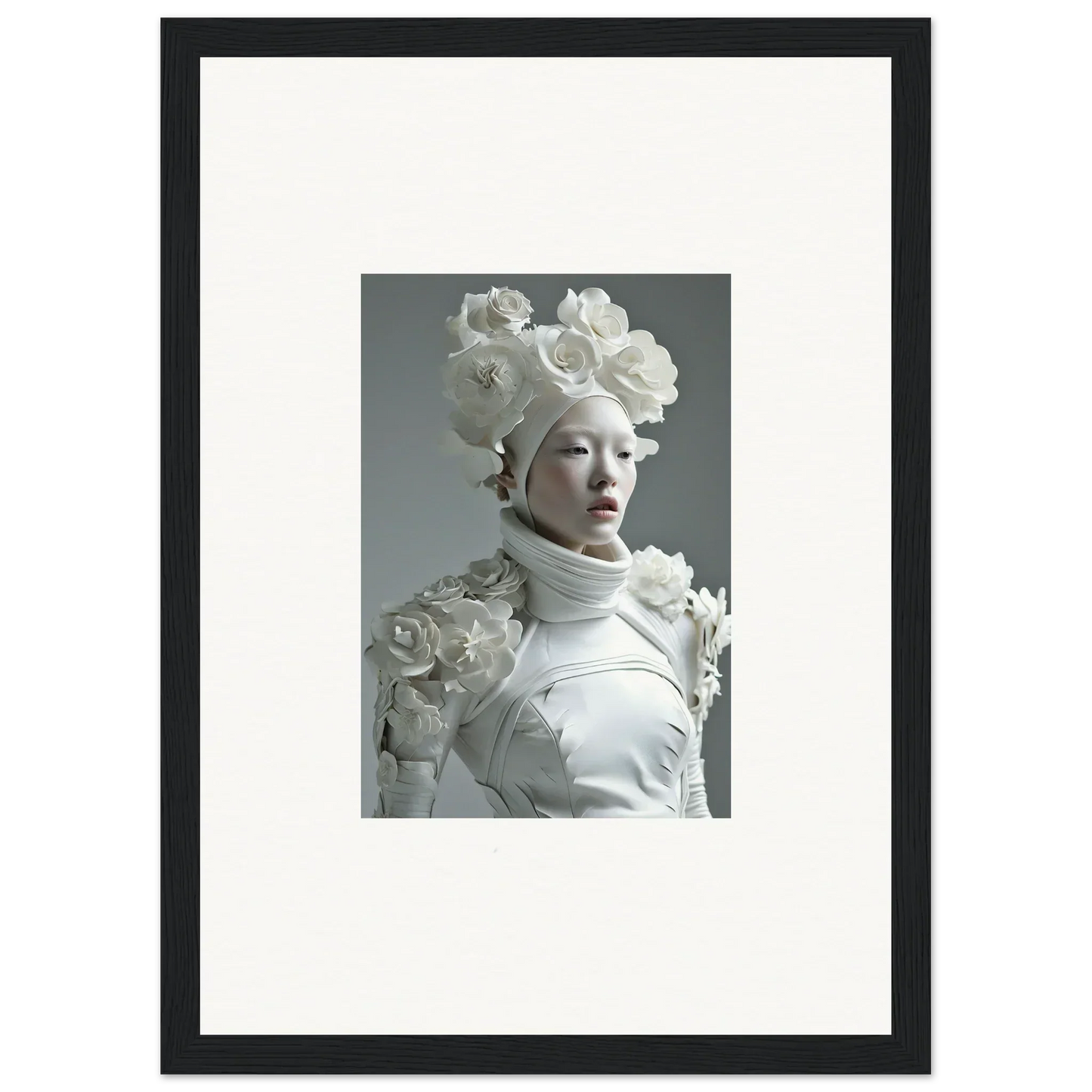 Framed wall art of a figure with white flowers, perfect for room decoration