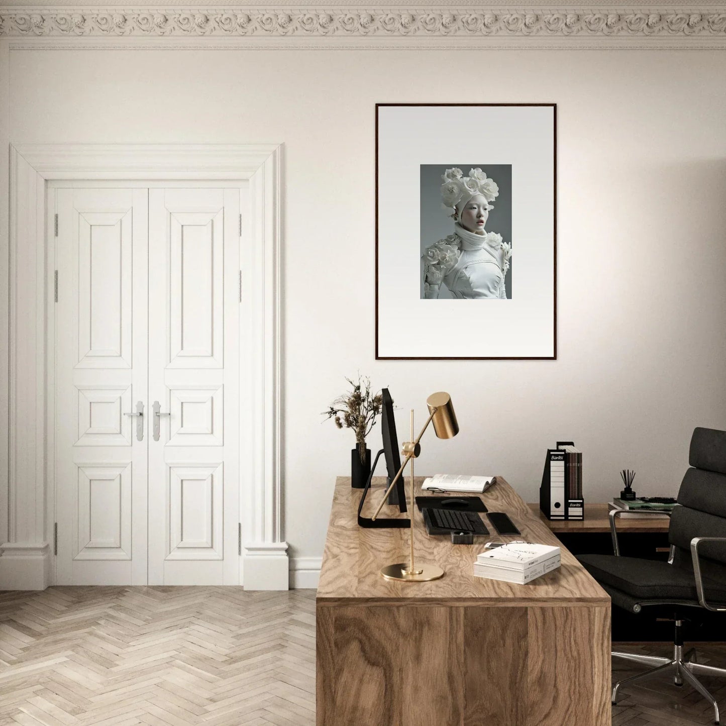 Elegant home office with a wooden desk and stylish wall art for room decoration