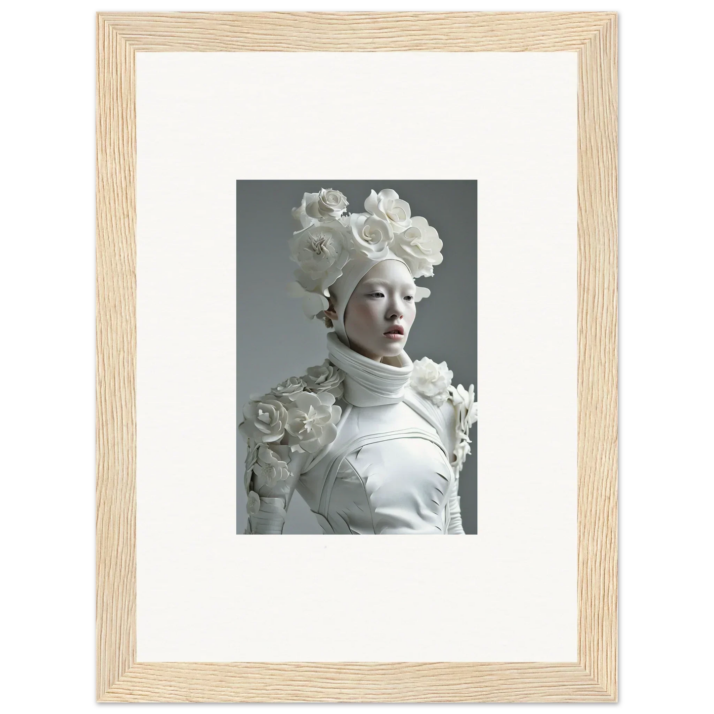 Framed wall art of a figure in a floral headpiece, perfect for room decoration
