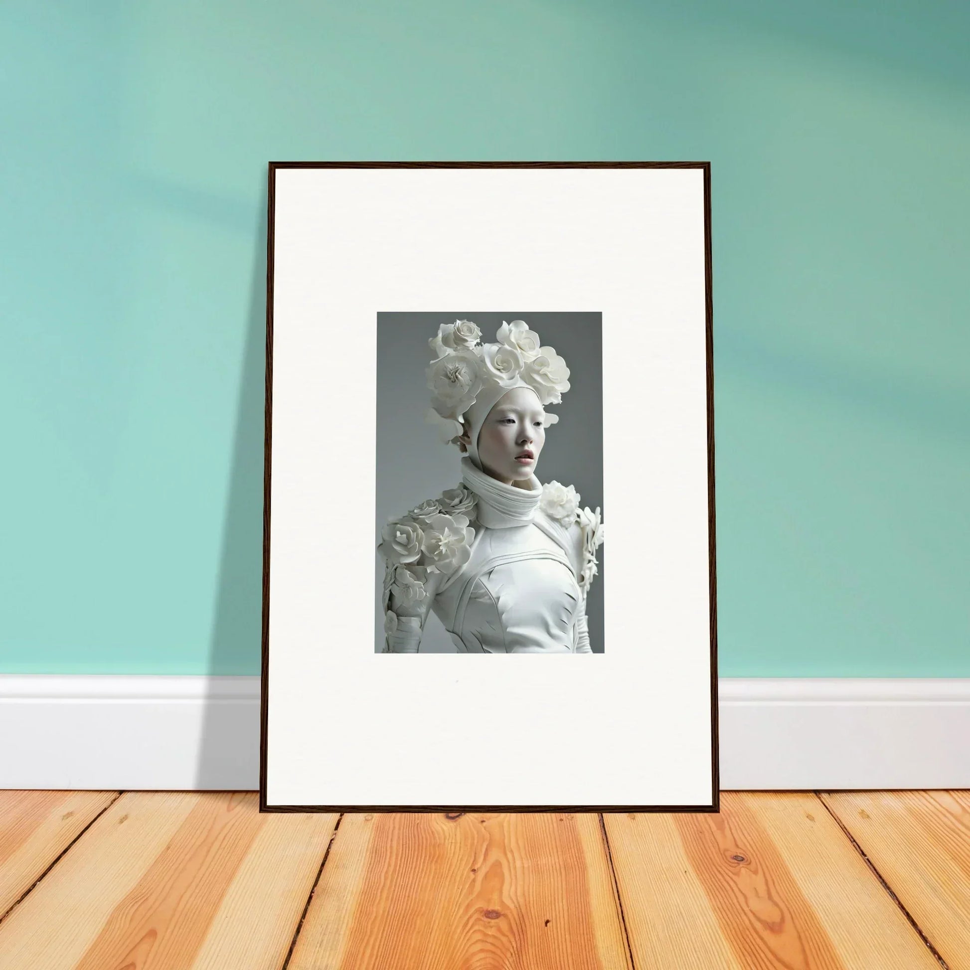 Framed black and white wall art of a person in a floral headdress, perfect for room decoration