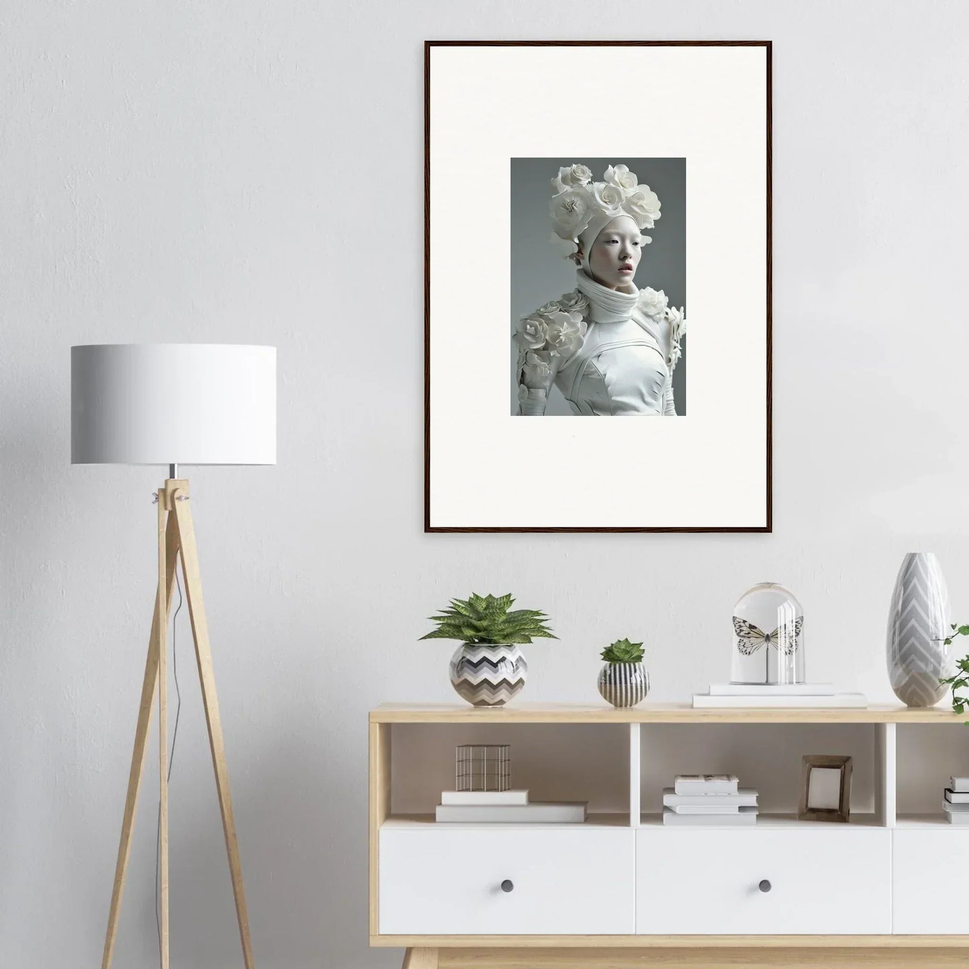 Framed portrait of a person in a fancy wig, perfect for wall art or room decoration