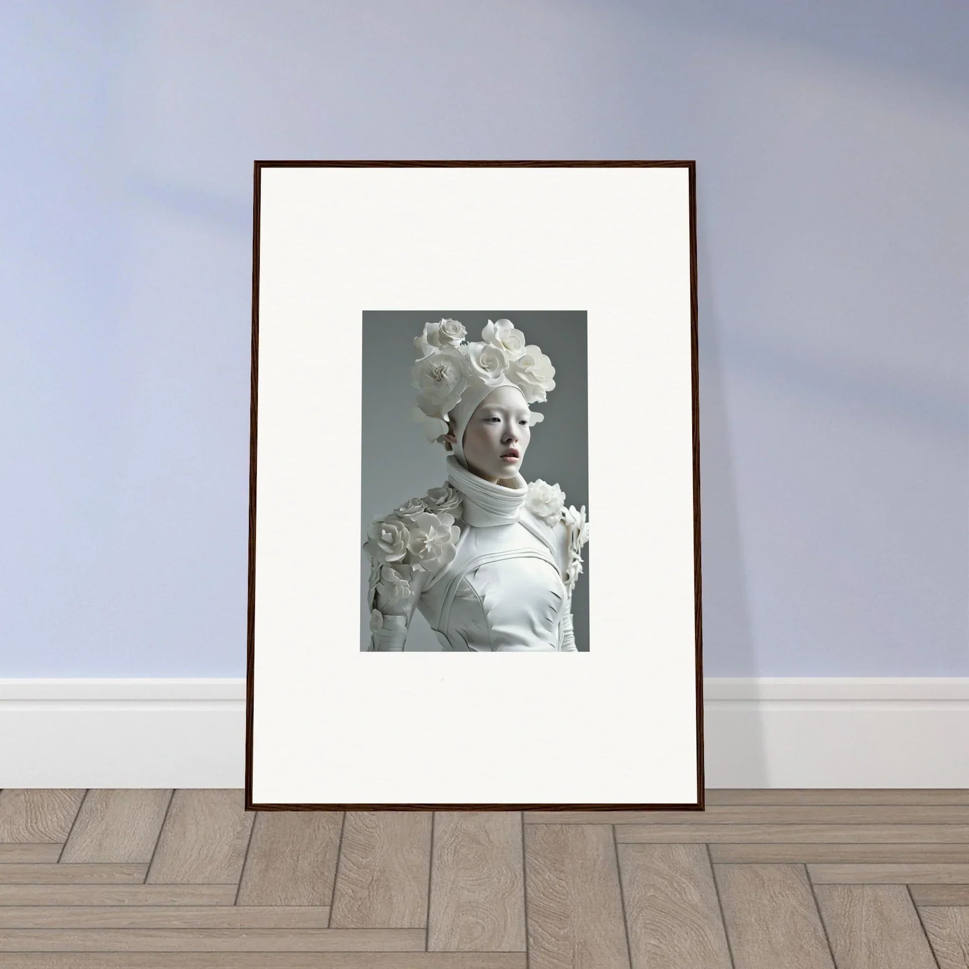 Framed black and white wall art with a floral headdress for unique room decoration