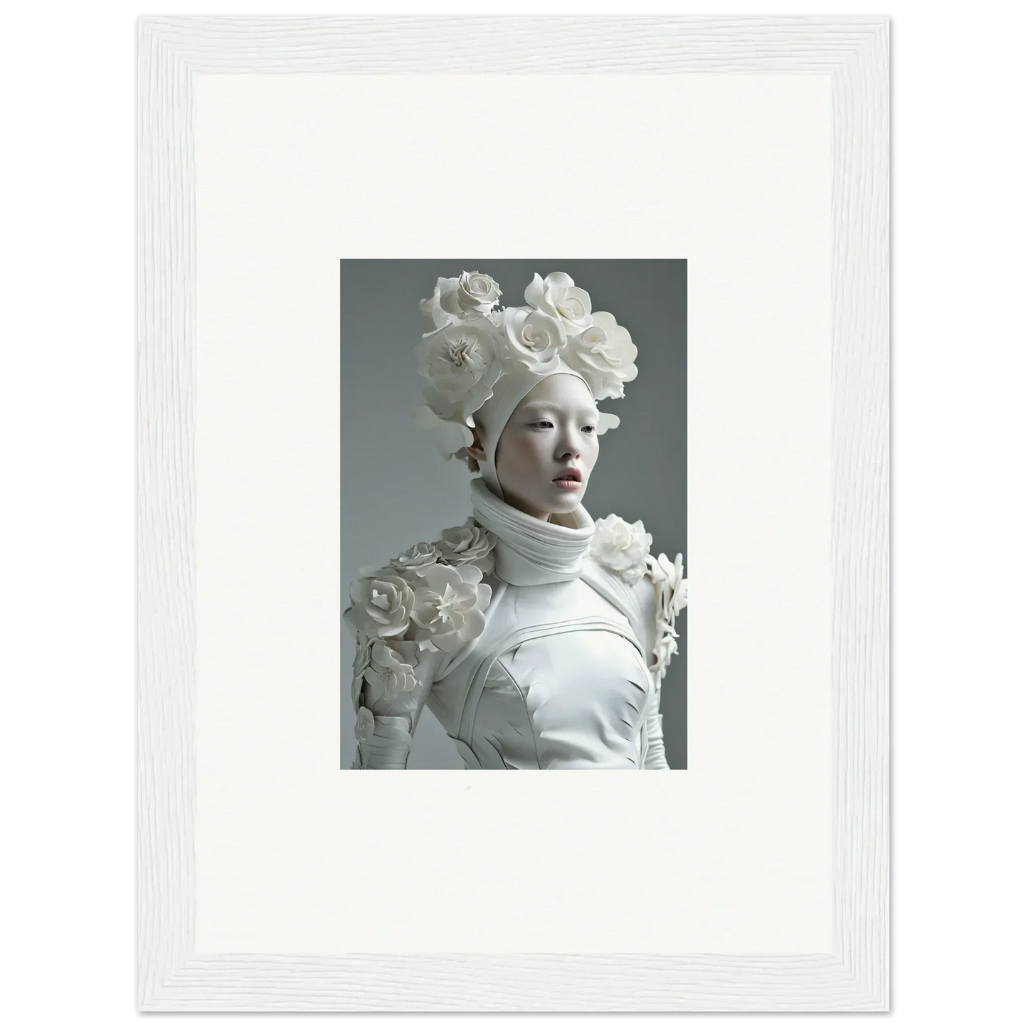 Portrait of a figure with white flowers, perfect for canvas print wall art or room decoration