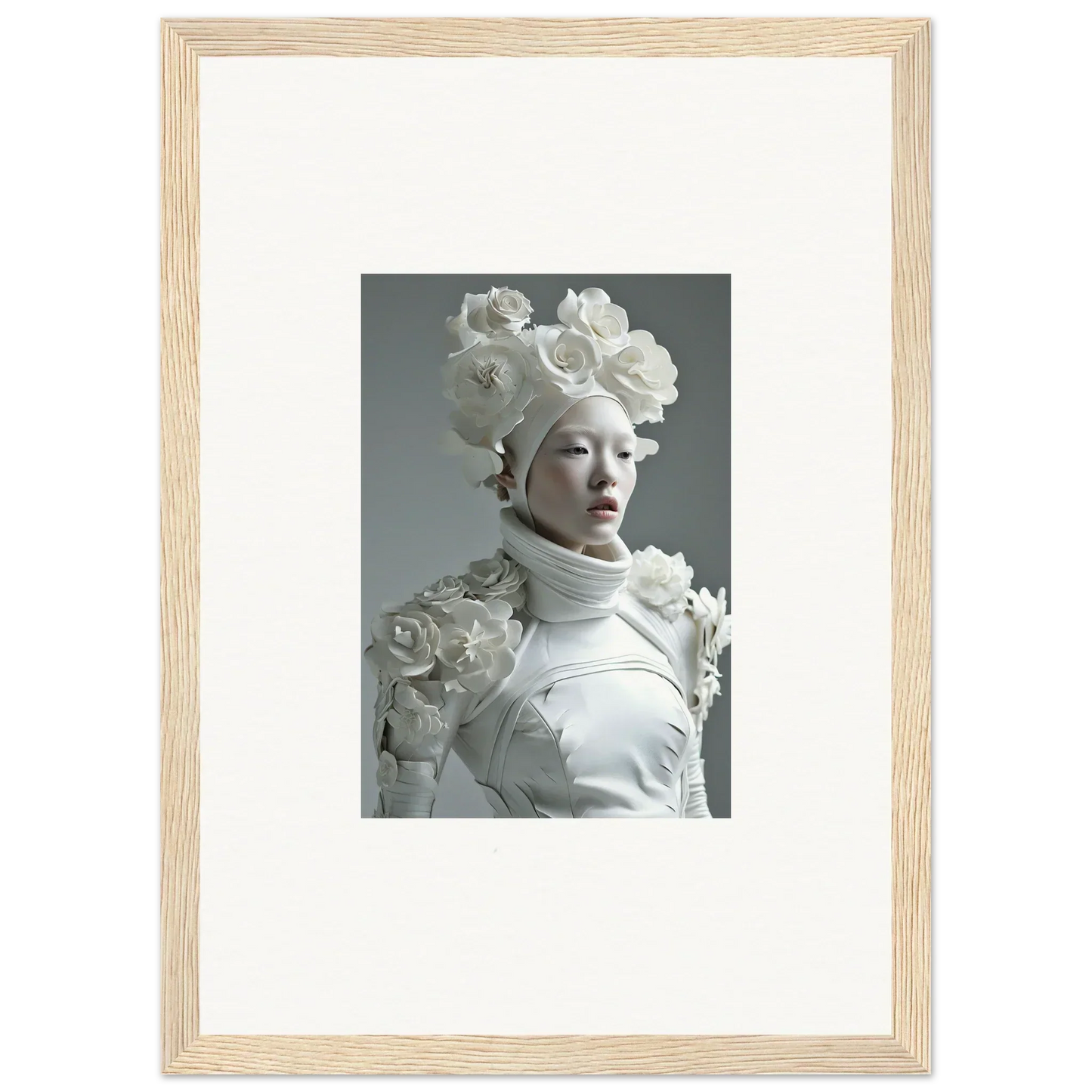 Monochromatic canvas print of a figure with floral headpiece for stylish wall art