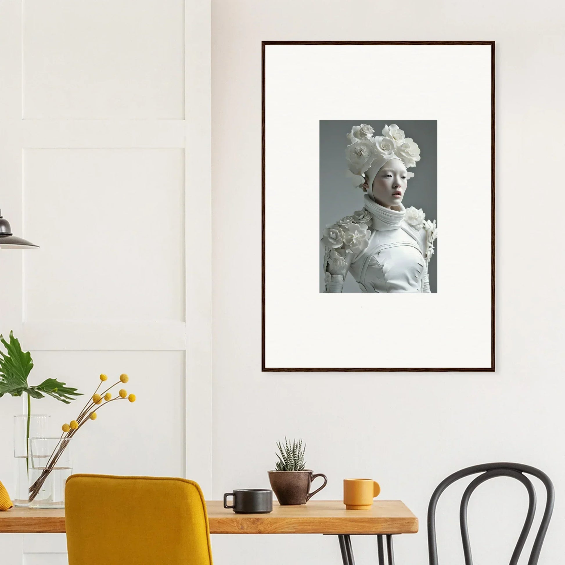 Framed black and white wall art of a person in a floral headdress for room decoration