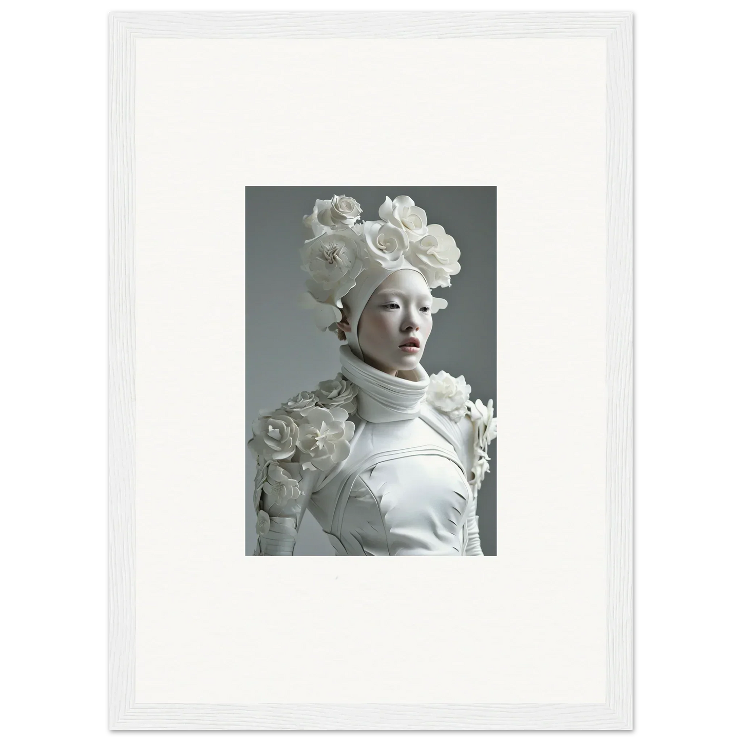 Sculpture with white flowers and high collar, perfect for wall art or room decoration