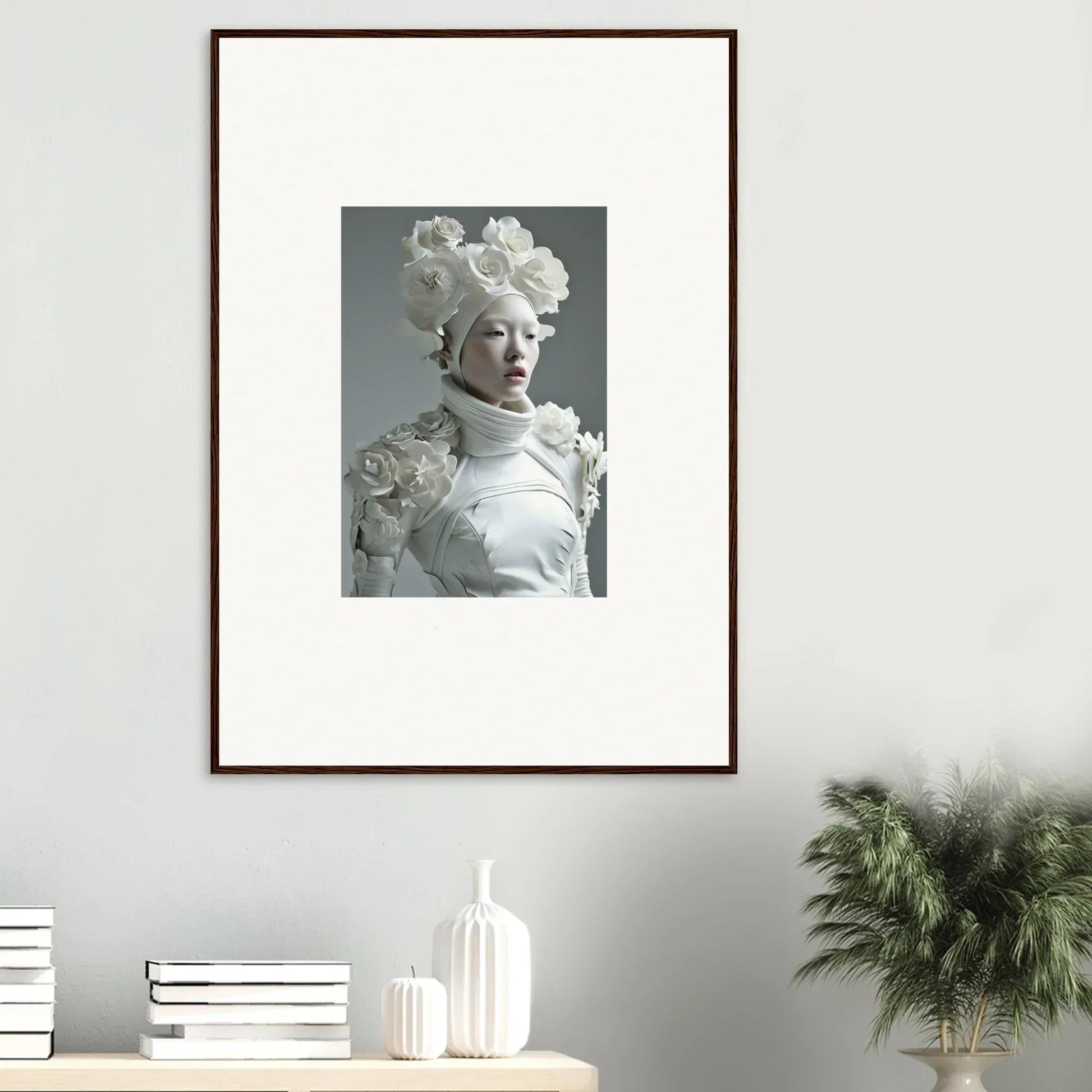 Framed wall art of a figure in a floral headdress for stylish room decoration