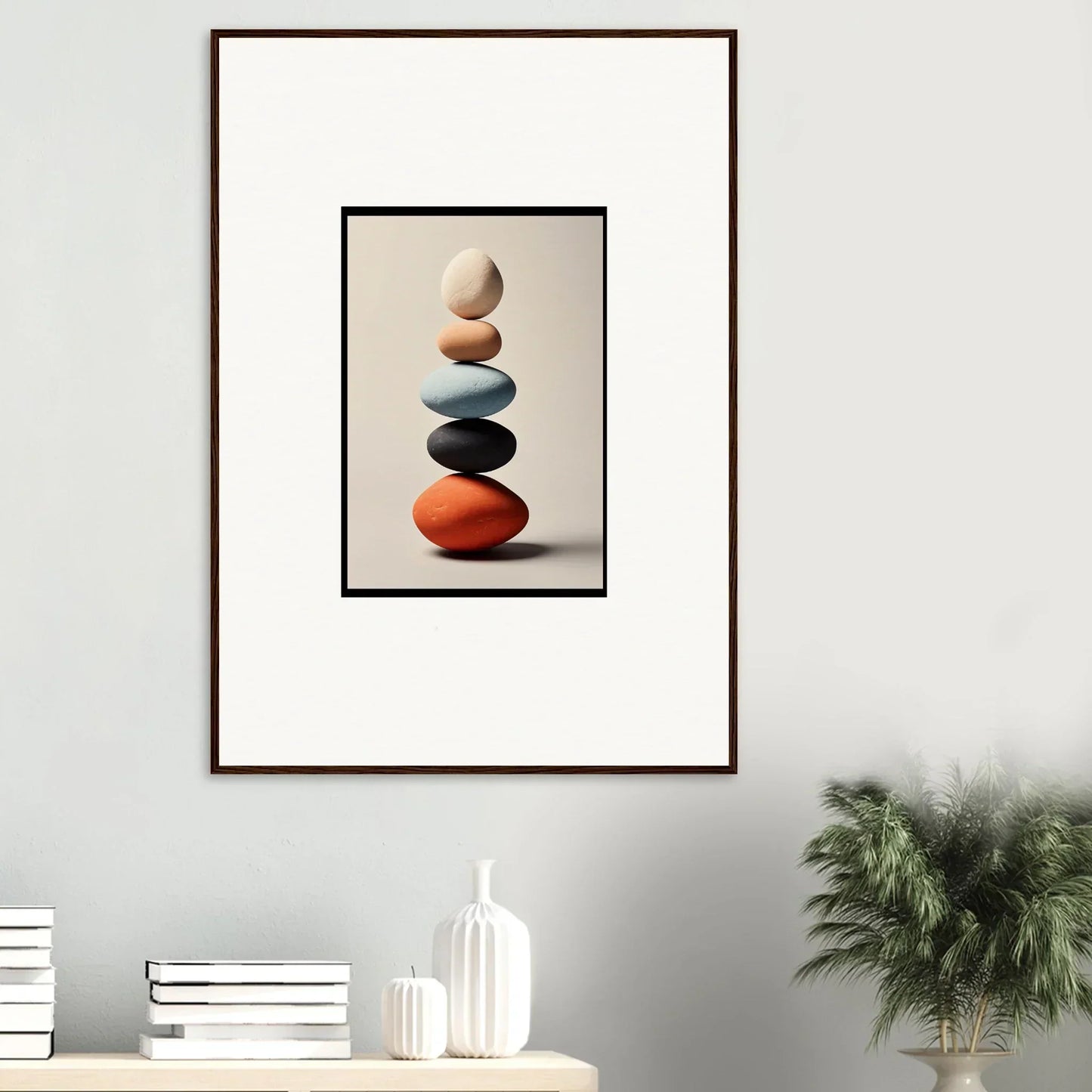 Balanced colorful stones creating a serene room decor for framed wall art