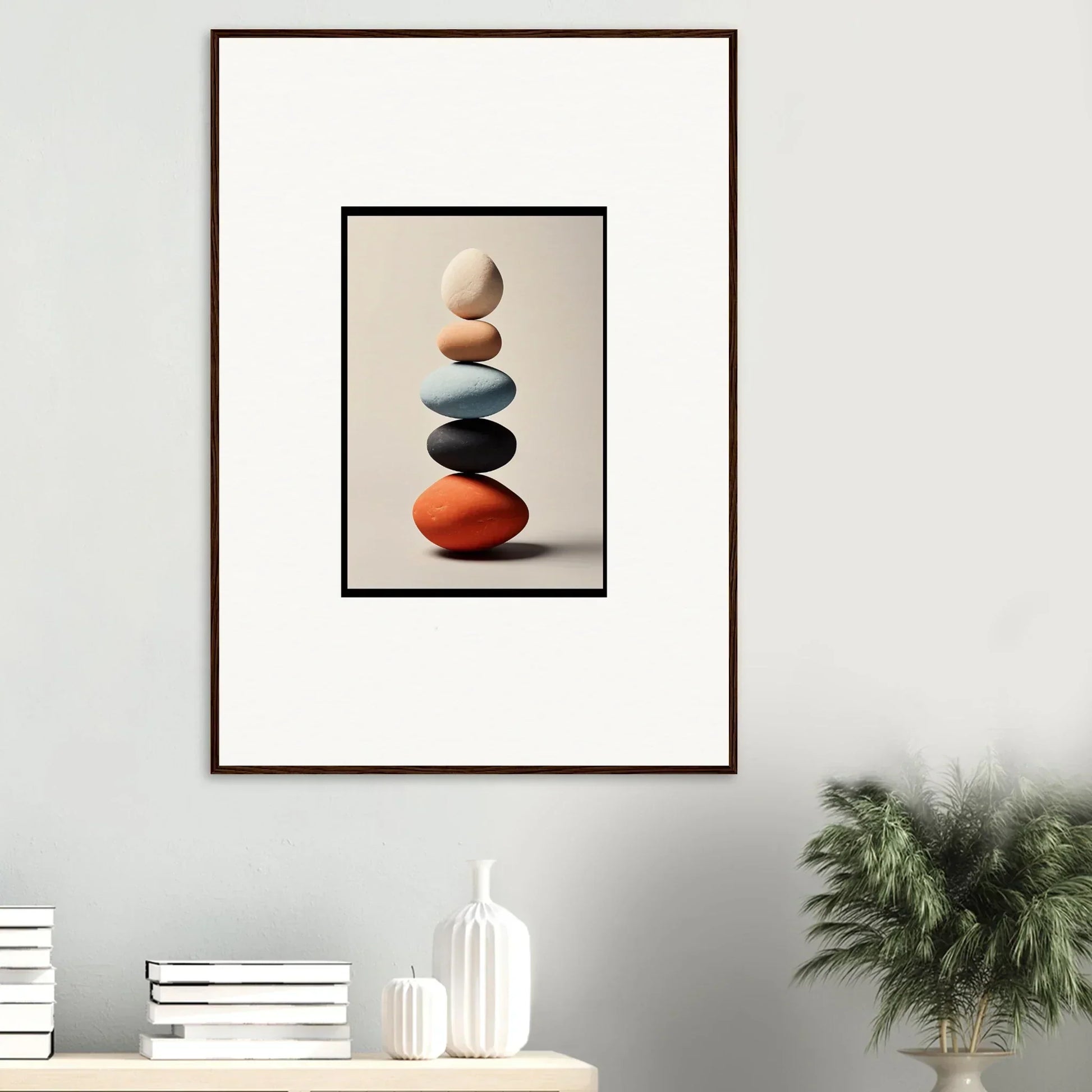 Balanced colorful stones creating a serene room decor for framed wall art