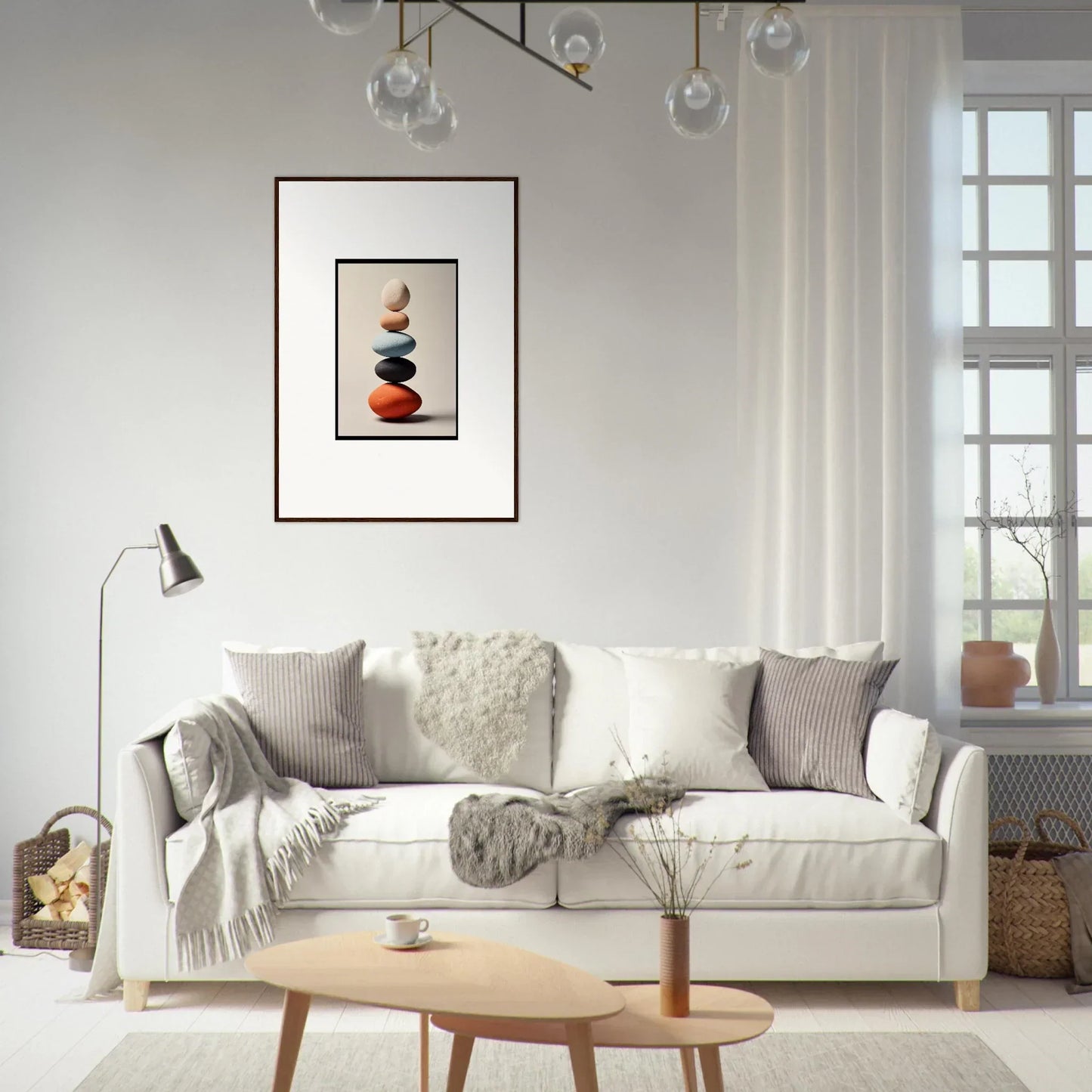 White sofa with throw pillows and blankets for stylish room decor in Soaring Chromatic Narratives