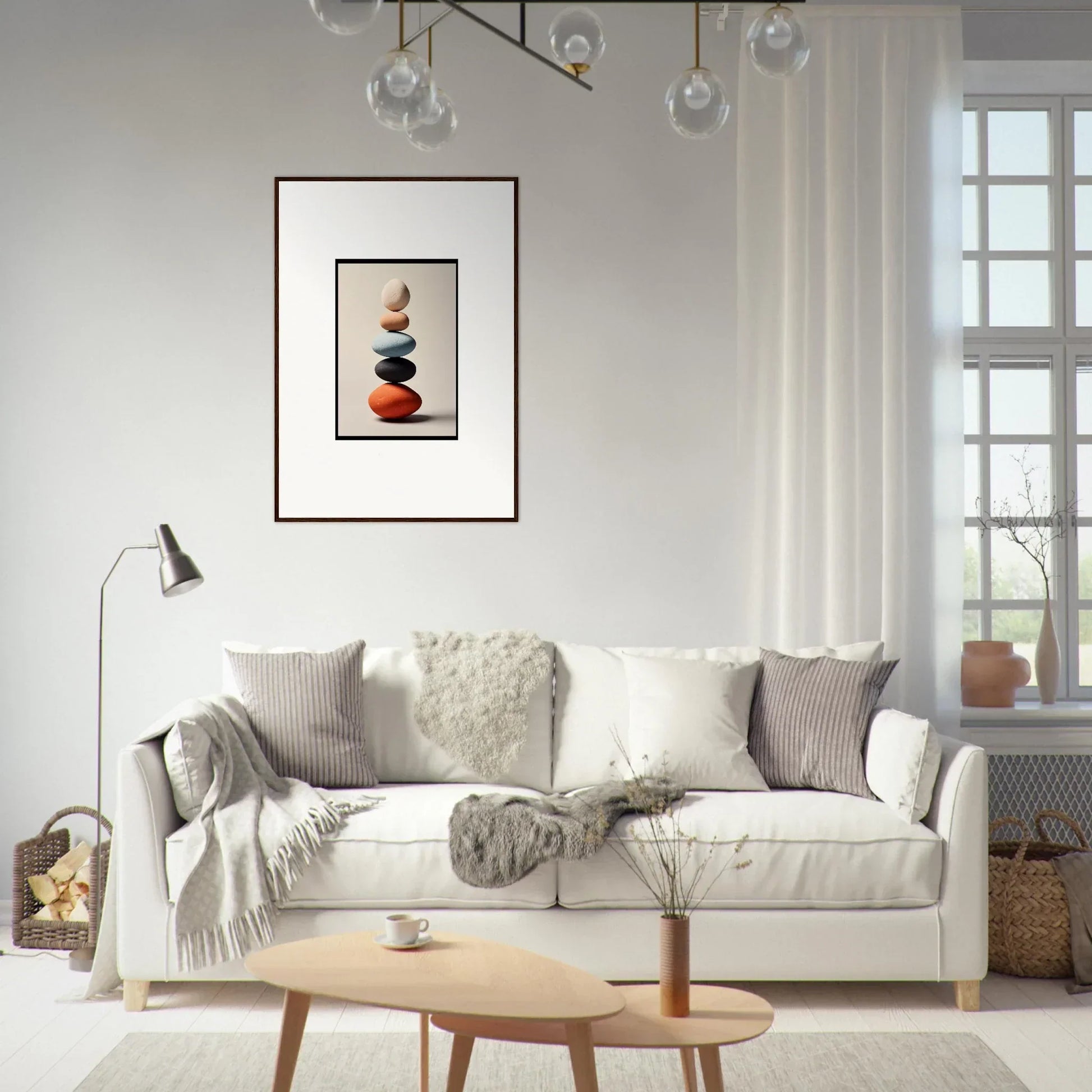 White sofa with throw pillows and blankets for stylish room decor in Soaring Chromatic Narratives