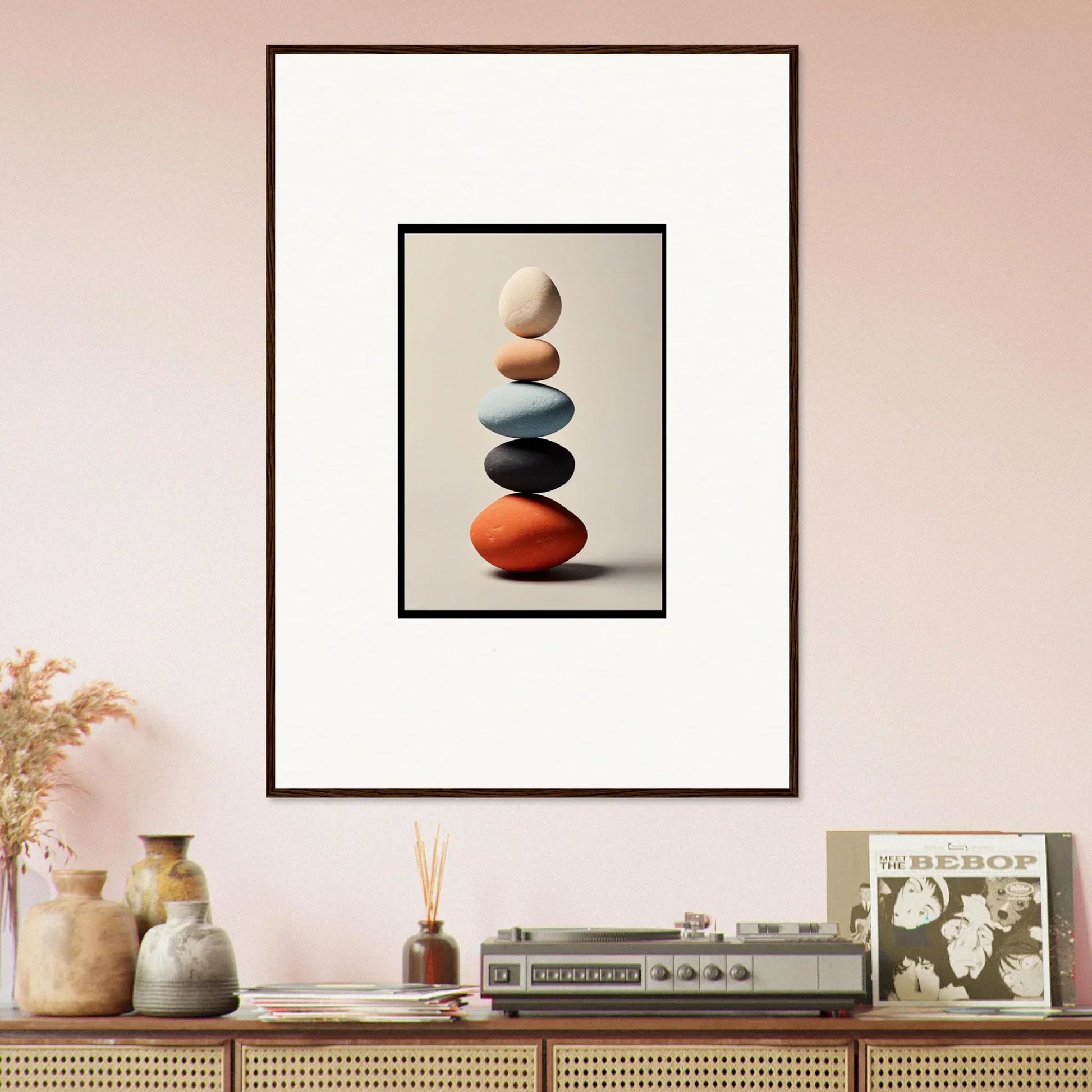 Framed wall art of colorful balanced stones for stylish room decor