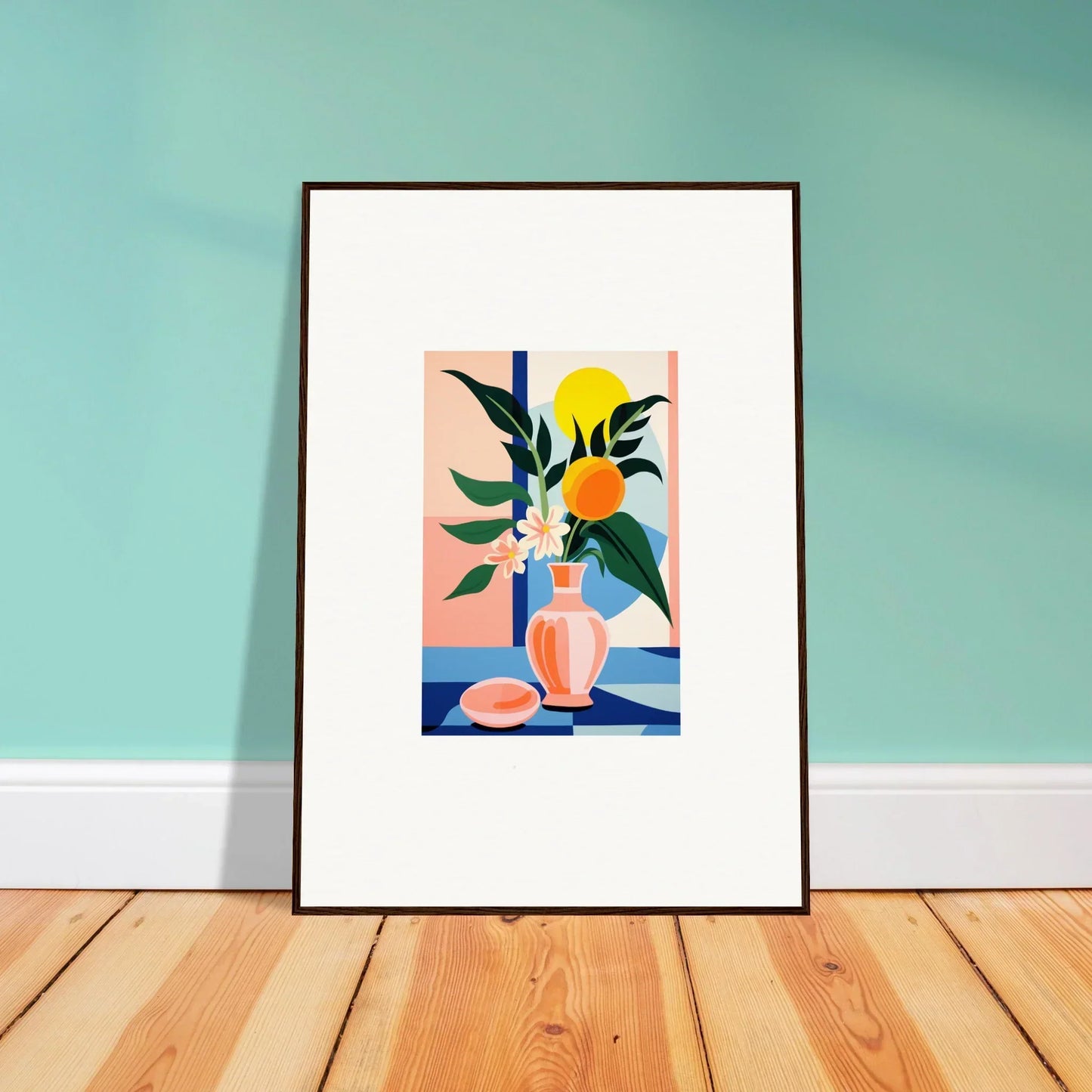 Framed wall art featuring a colorful still life with plants and fruit for room decor