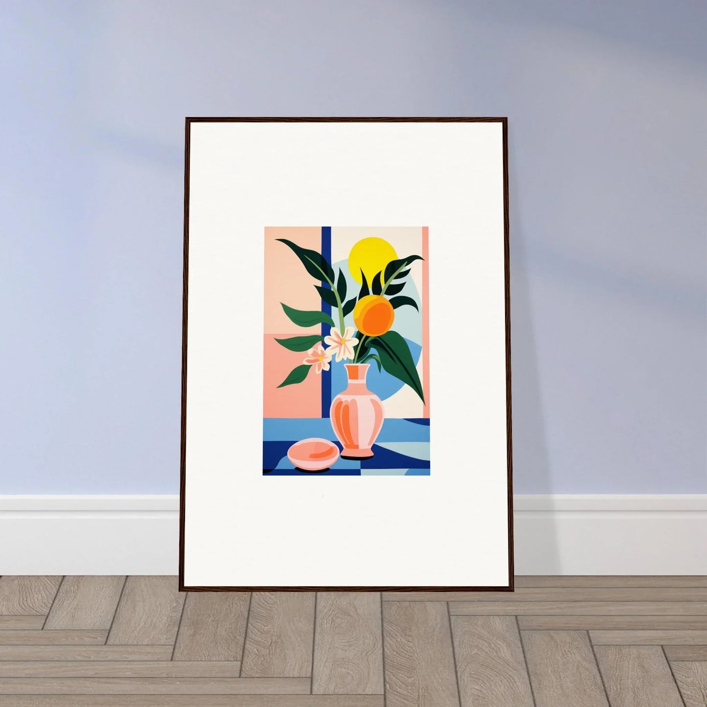 Colorful still life framed wall art with vase, plant, and fruit for room decor