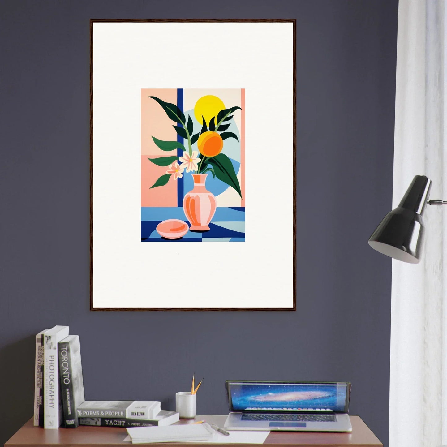 Framed wall art of colorful abstract vase plants perfect for modern room decor
