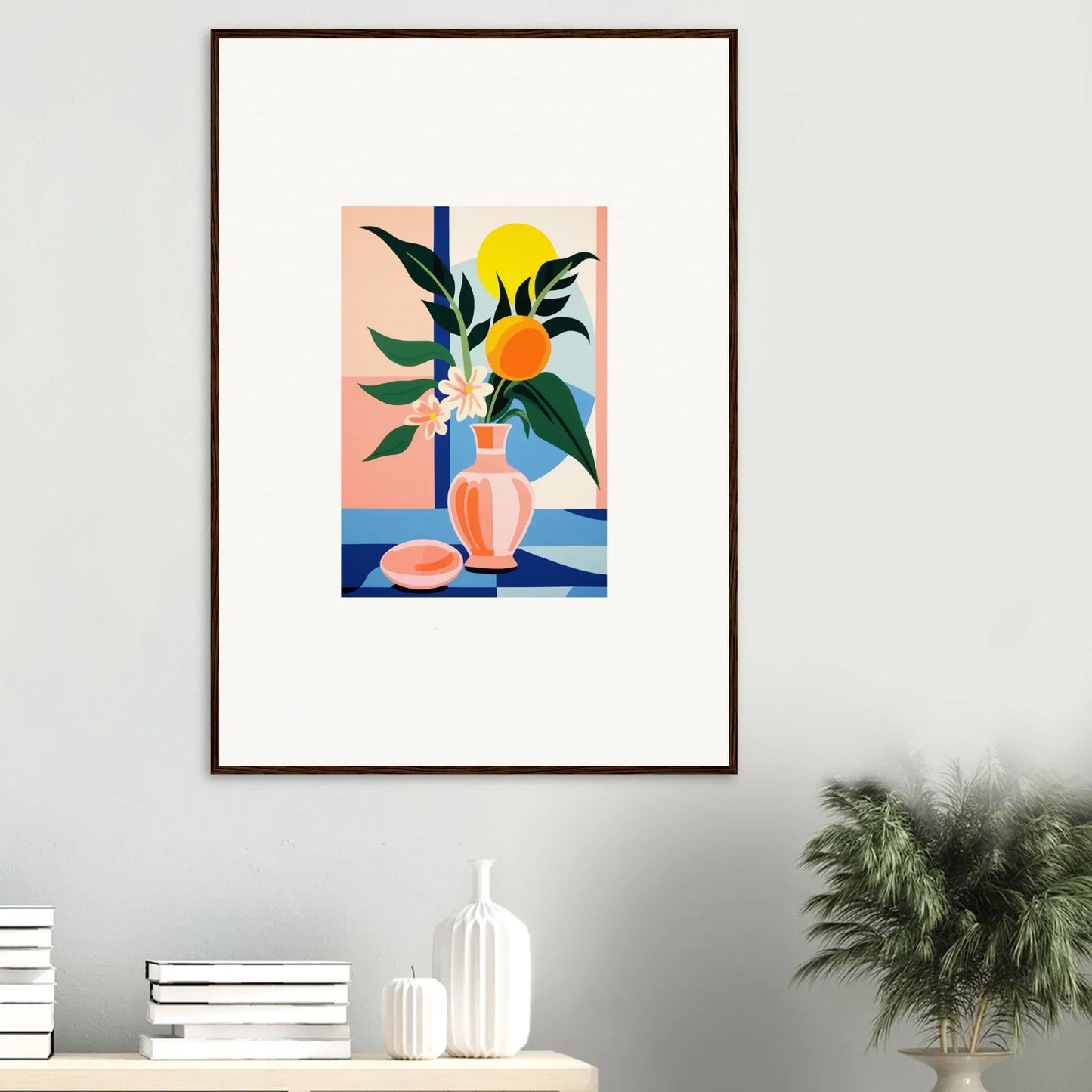 Colorful still life framed wall art featuring a vase and geometric shapes for room decor