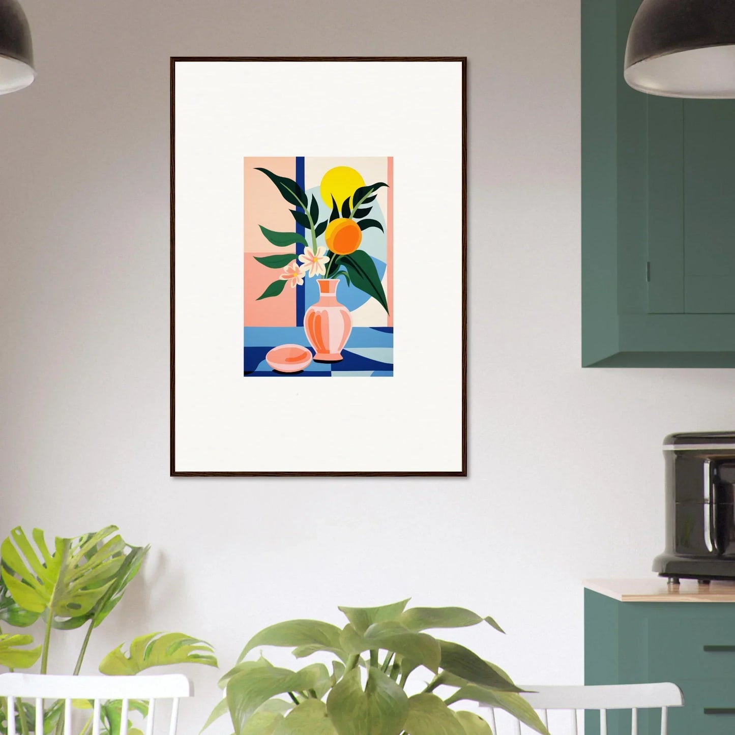 Framed abstract wall art of colorful still life with plants for vibrant room decor