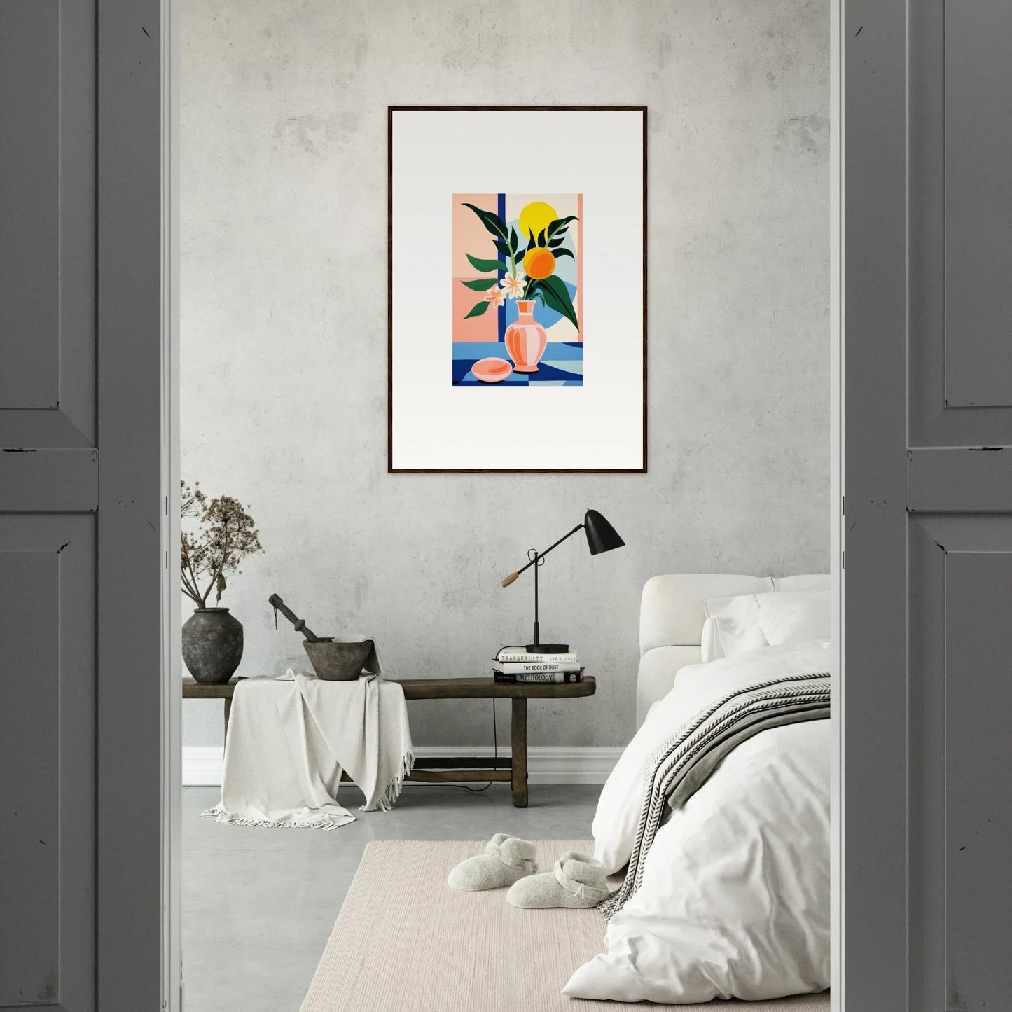 Framed wall art showcasing colorful geometric shapes and plant elements for room decor