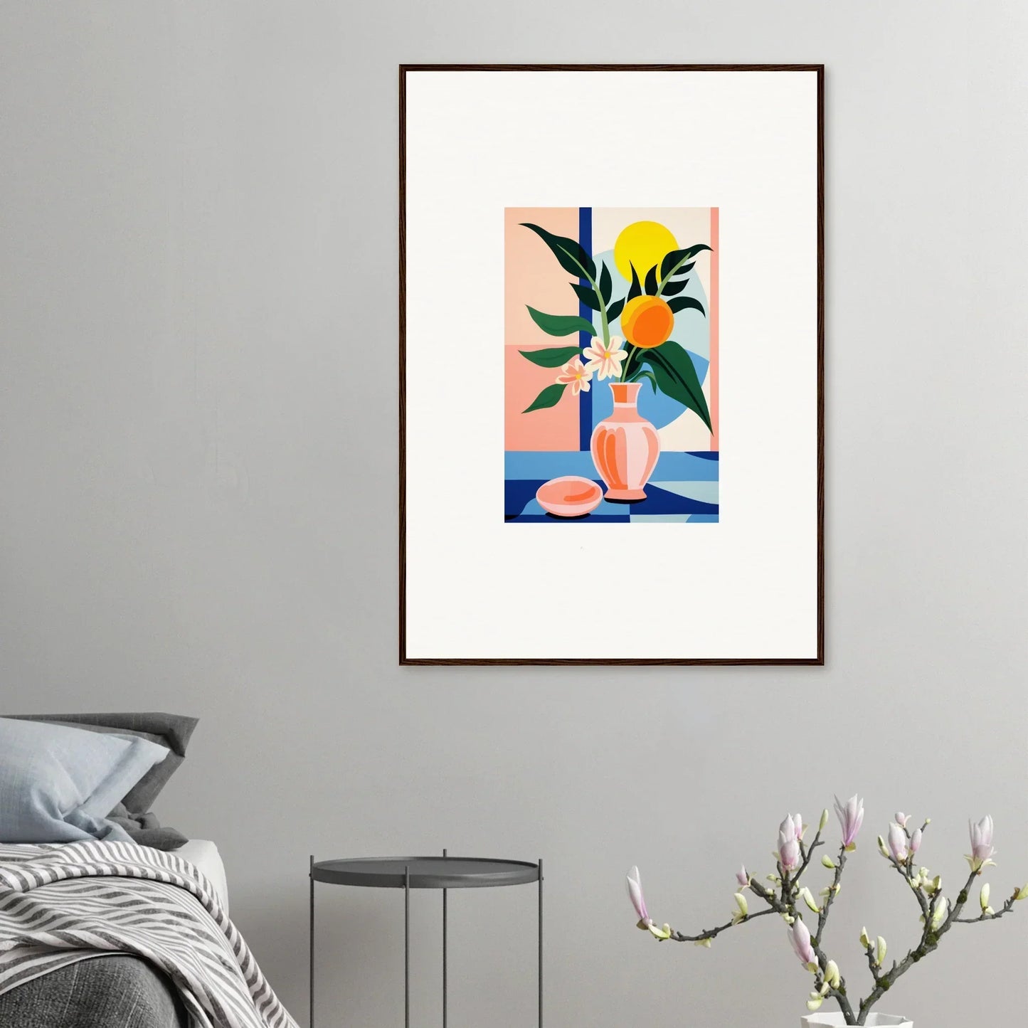 Colorful abstract still life painting of flowers and fruit for room decor and wall art