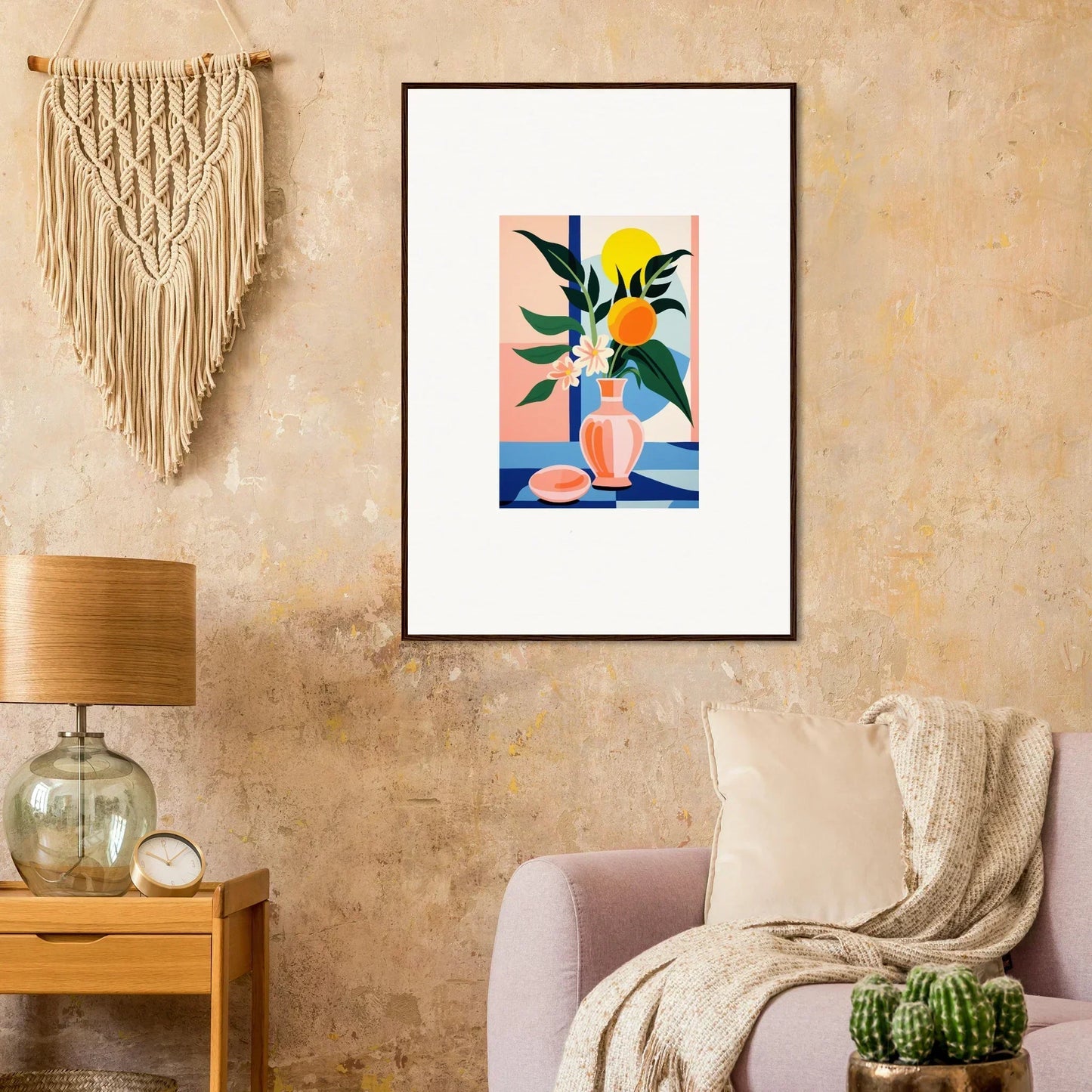 Framed wall art of a colorful abstract vase with plants and fruit for stylish room decor