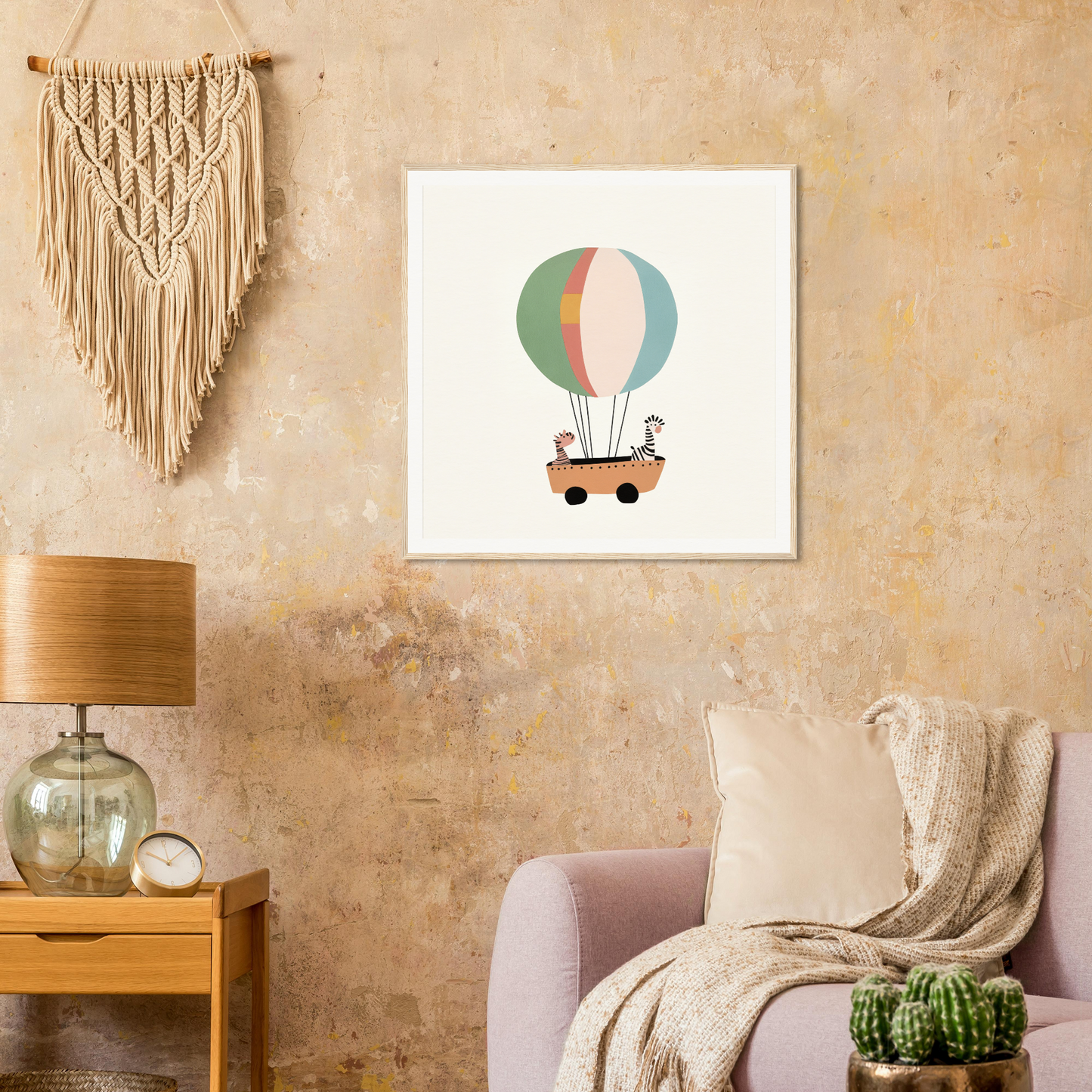 Macramé wall hanging and hot air balloon art in Zany Zebra Odyssey decor setting
