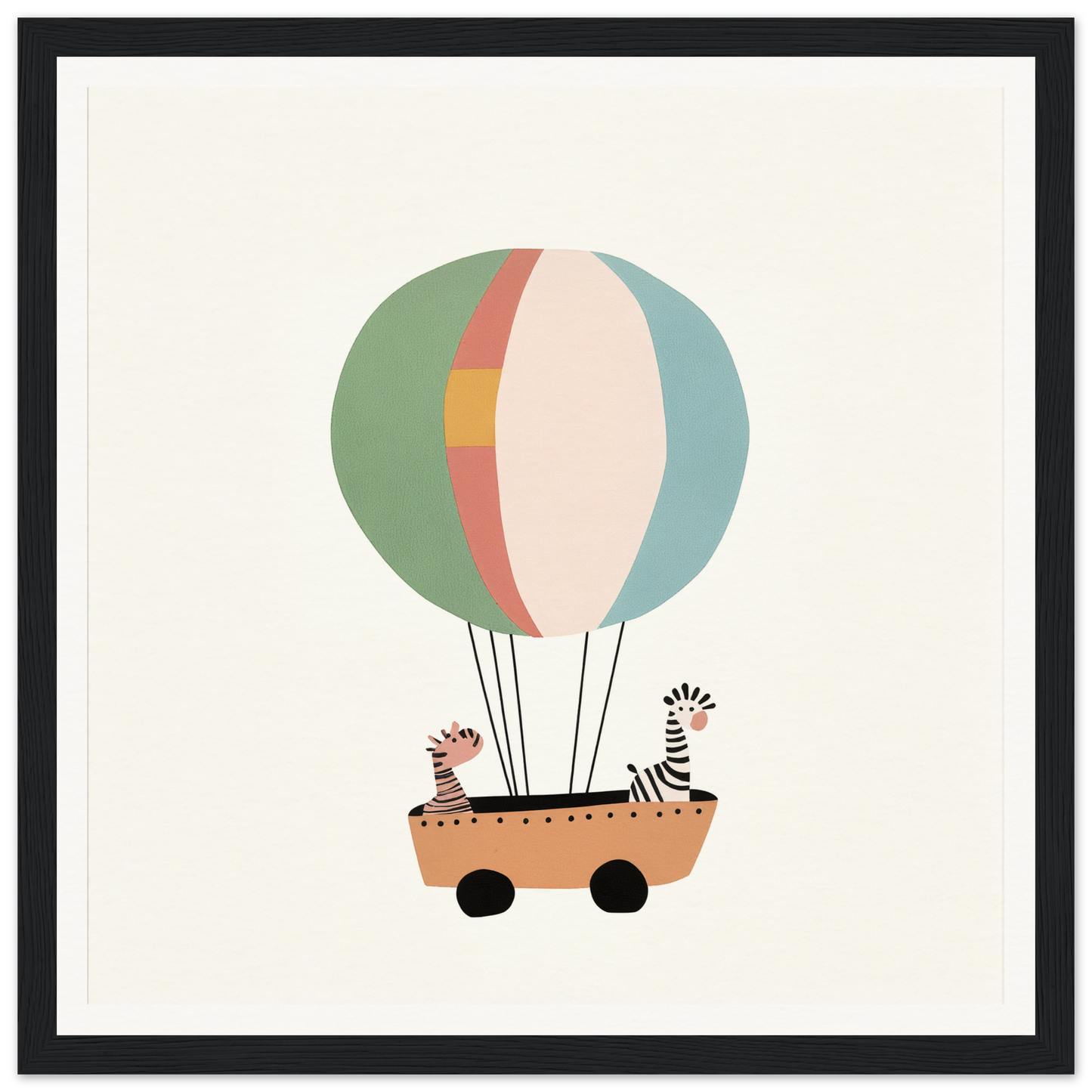 Two zebras in a cart under a striped hot air balloon for Zany Zebra Odyssey